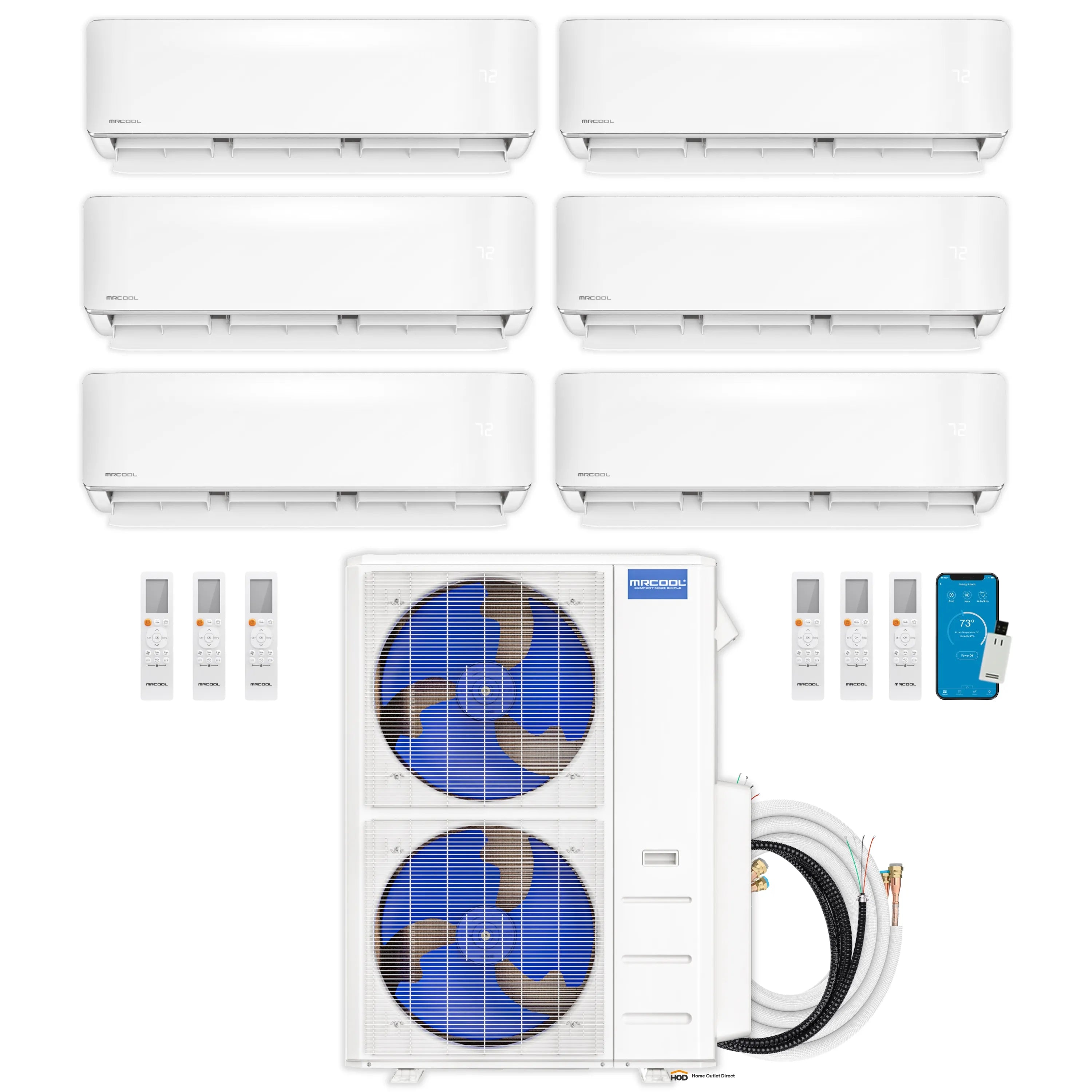 MRCOOL multi-zone mini split kit with six white indoor wall air handlers