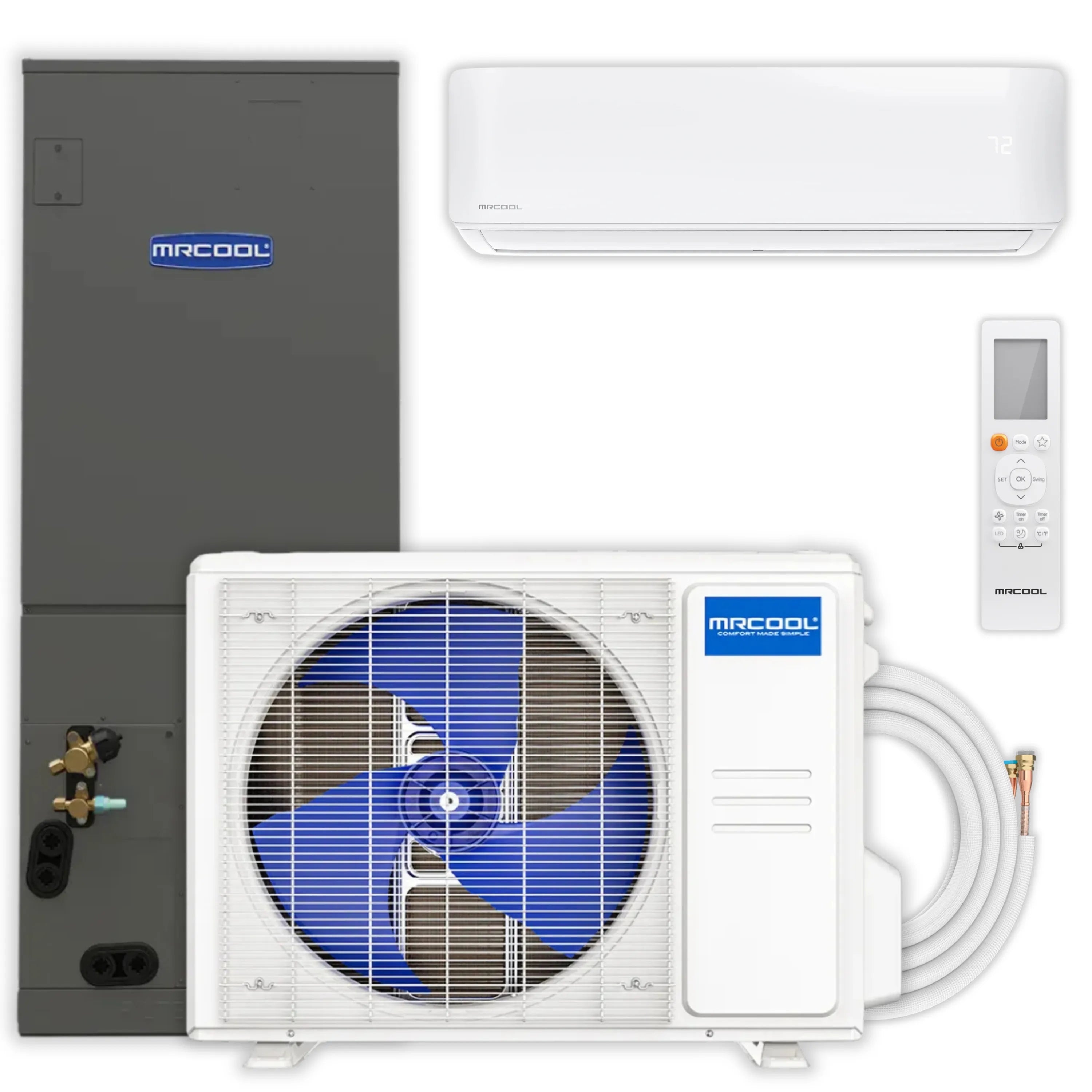 MRCOOL outdoor condenser, wall AC indoor unit, remote, and connected tubing kit