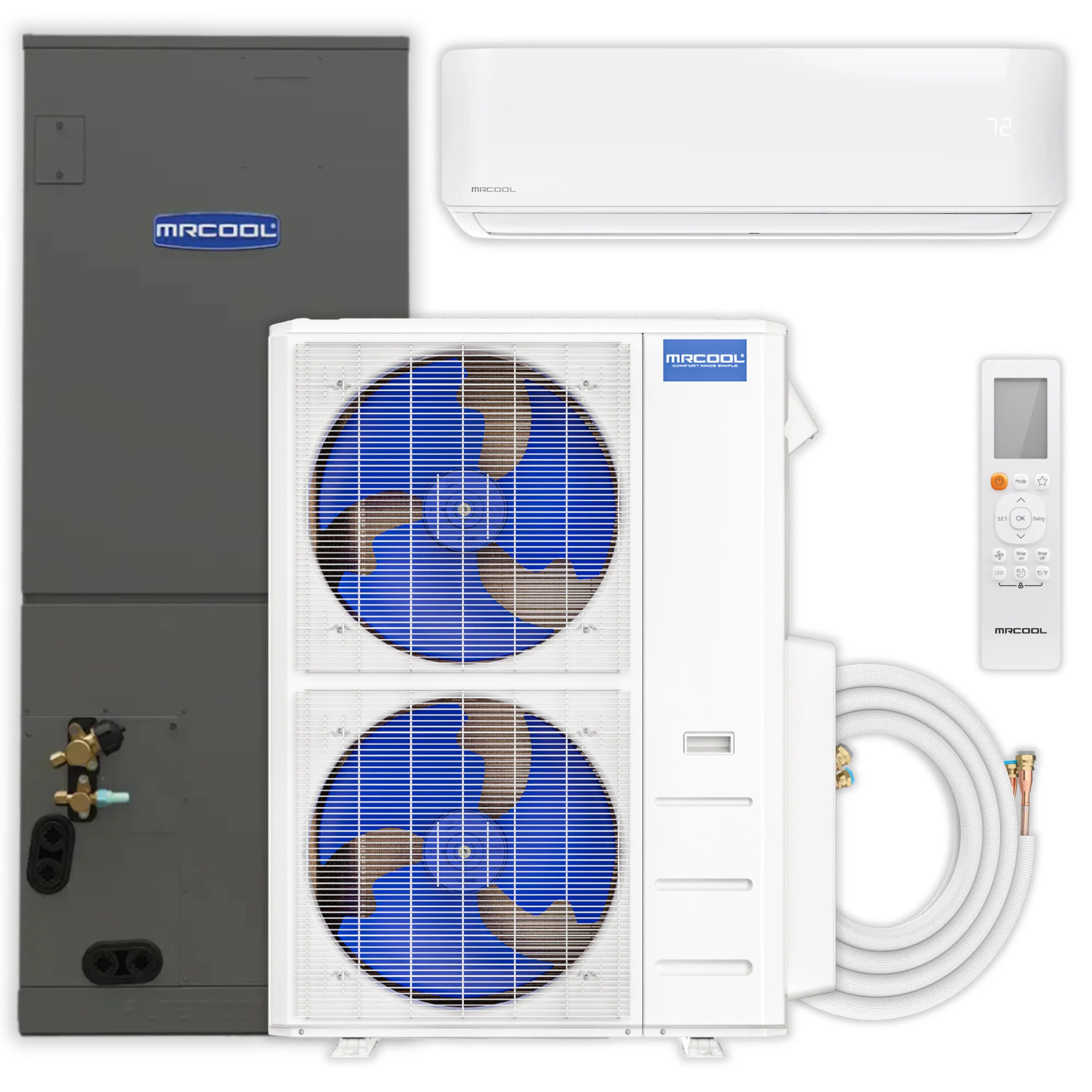 MRCOOL hybrid central split system outdoor condenser with white air handler and controller