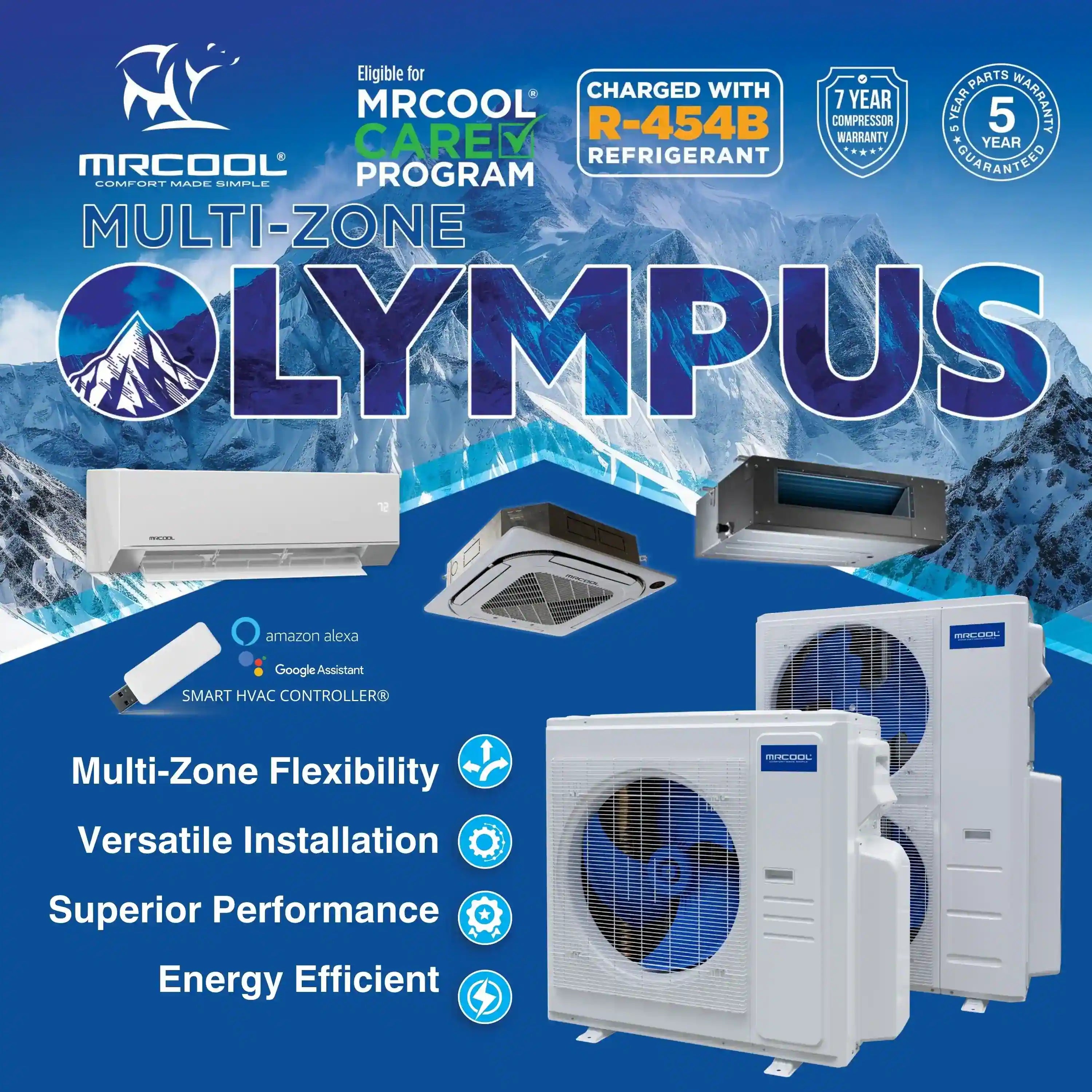 MRCOOL Olympus multi-zone mini split system with indoor air handlers and outdoor unit