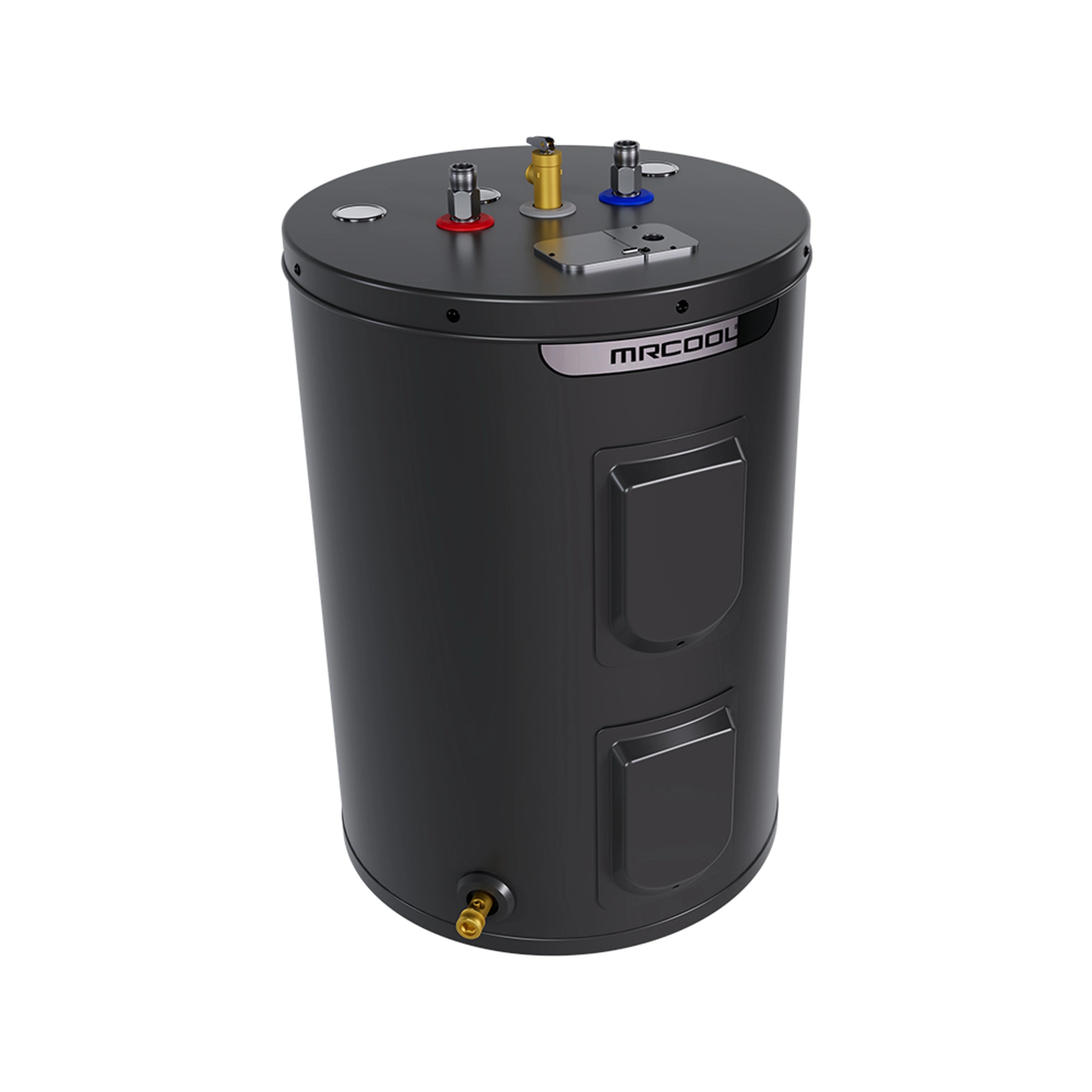 MRCOOL electric tank water heater, side access doors and top plumbing fittings