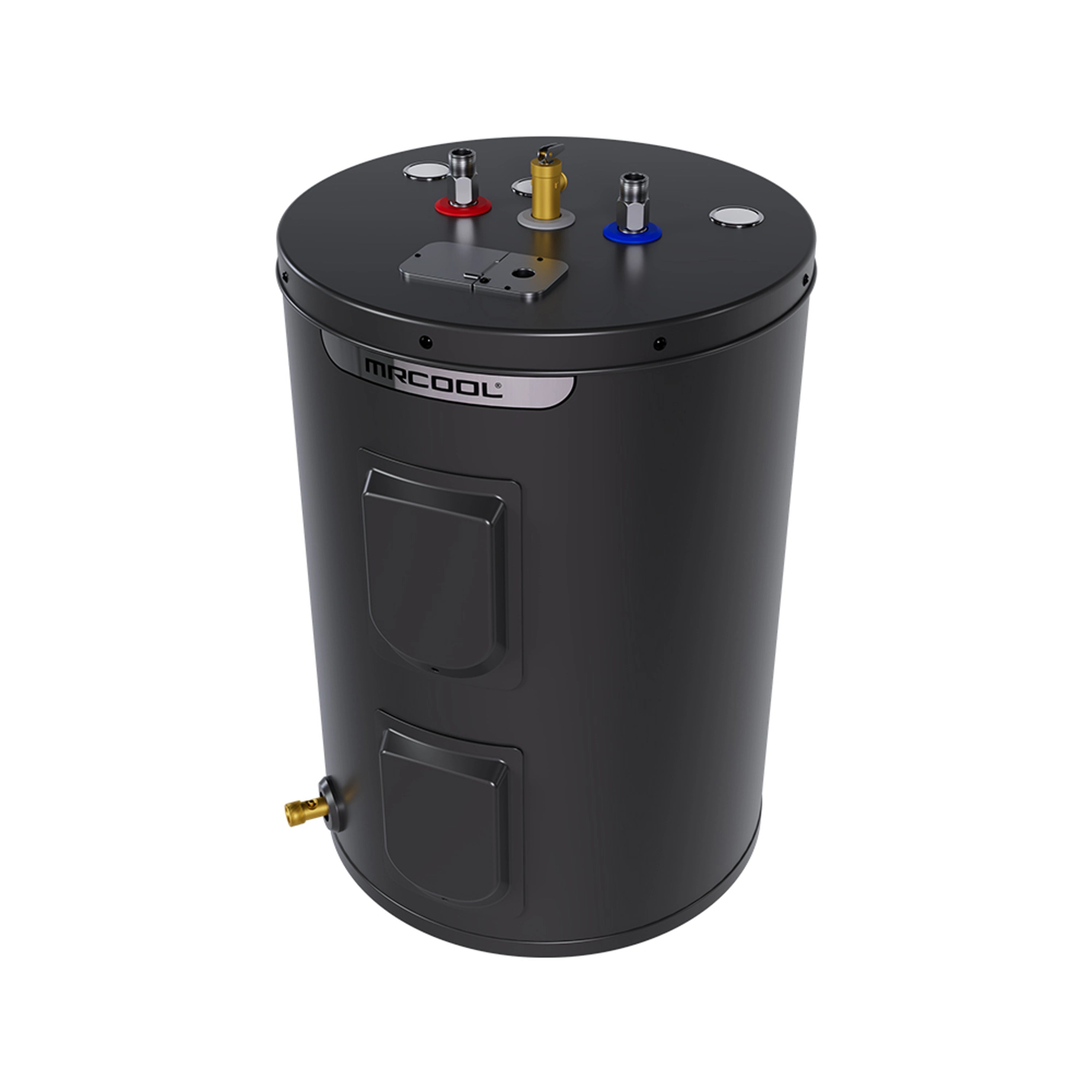 MRCOOL electric tank water heater, top valves with colored caps and front panels