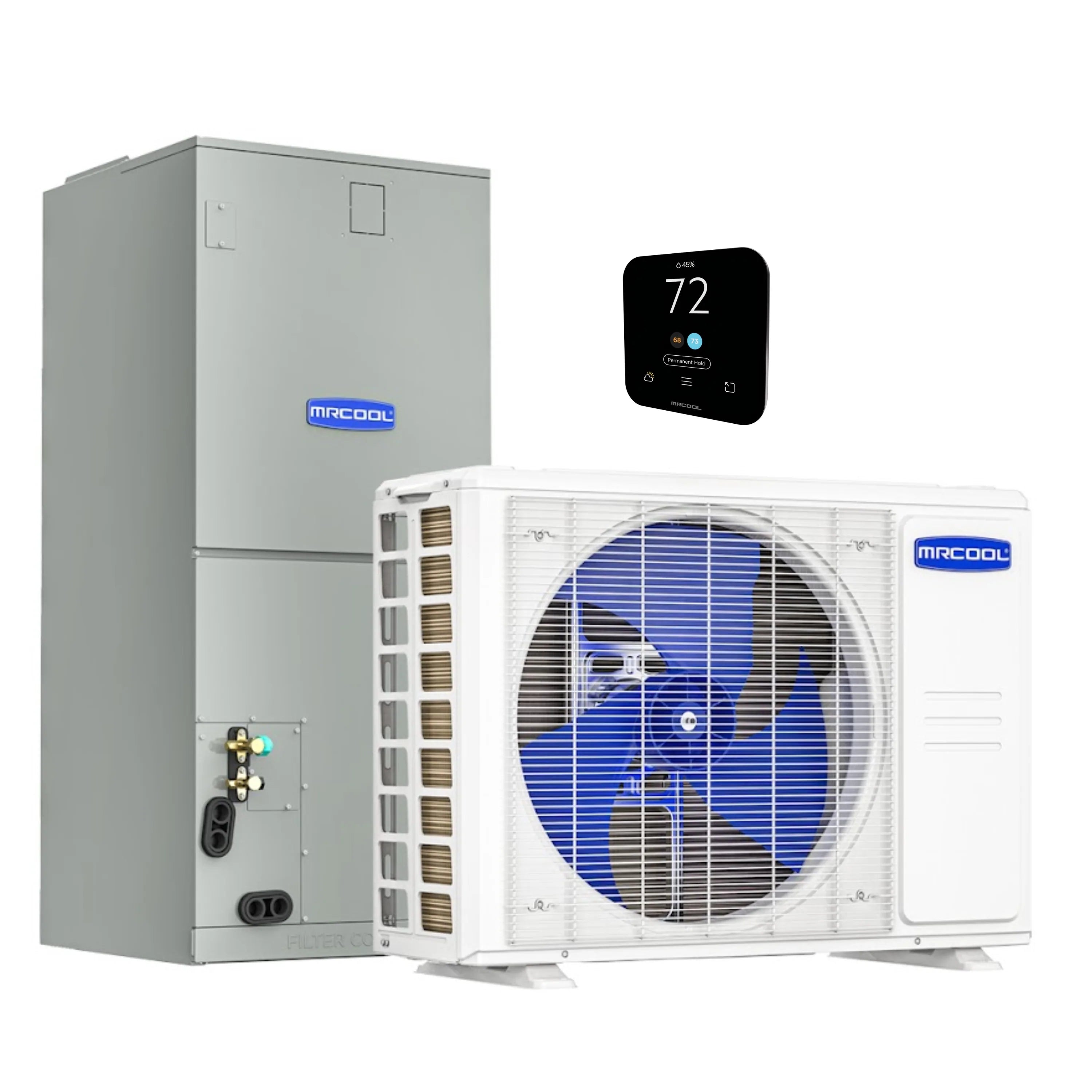 MRCOOL heat pump split system with grey outdoor unit, white air handler, and wireless controller