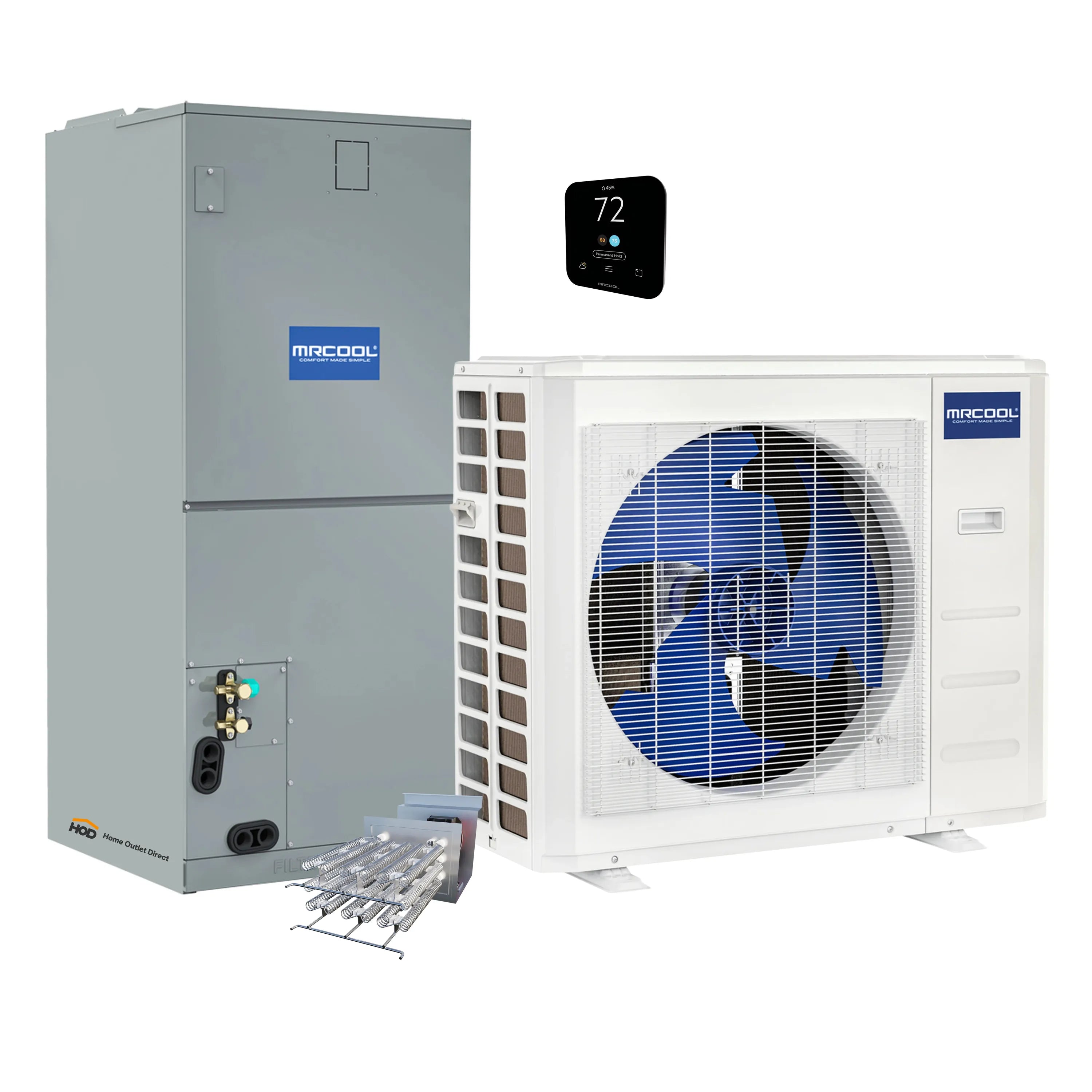 MRCOOL ducted air handler and heat pump outdoor unit with wall display