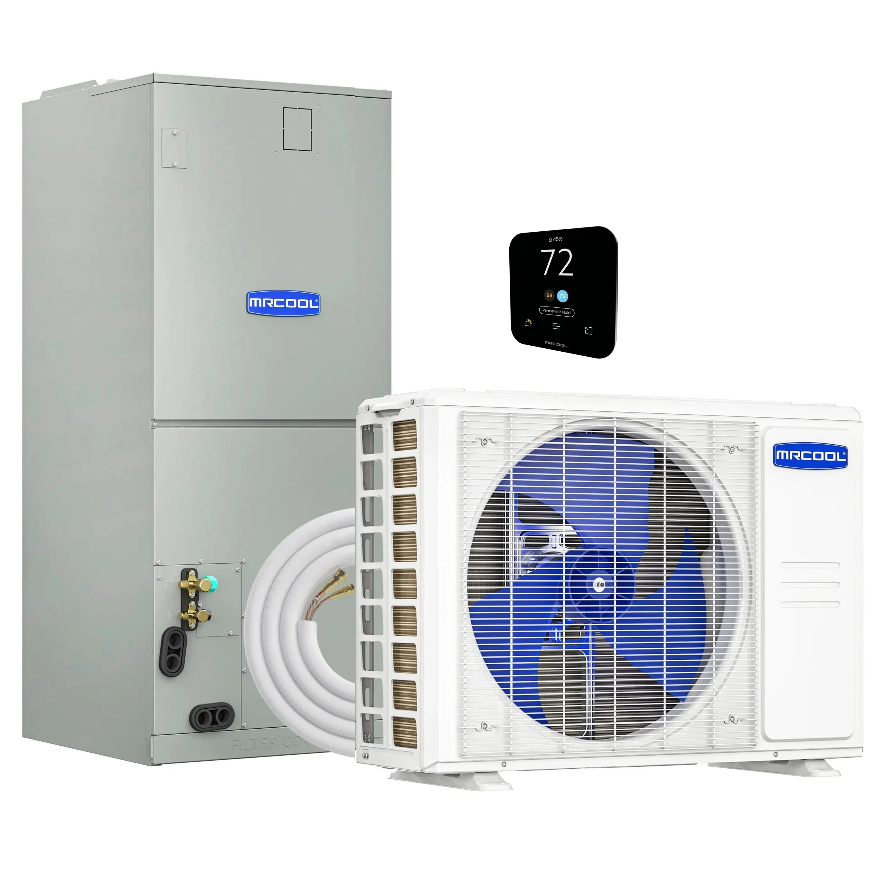 MRCOOL split system bundle: outdoor condenser, indoor air handler, and wall thermostat.