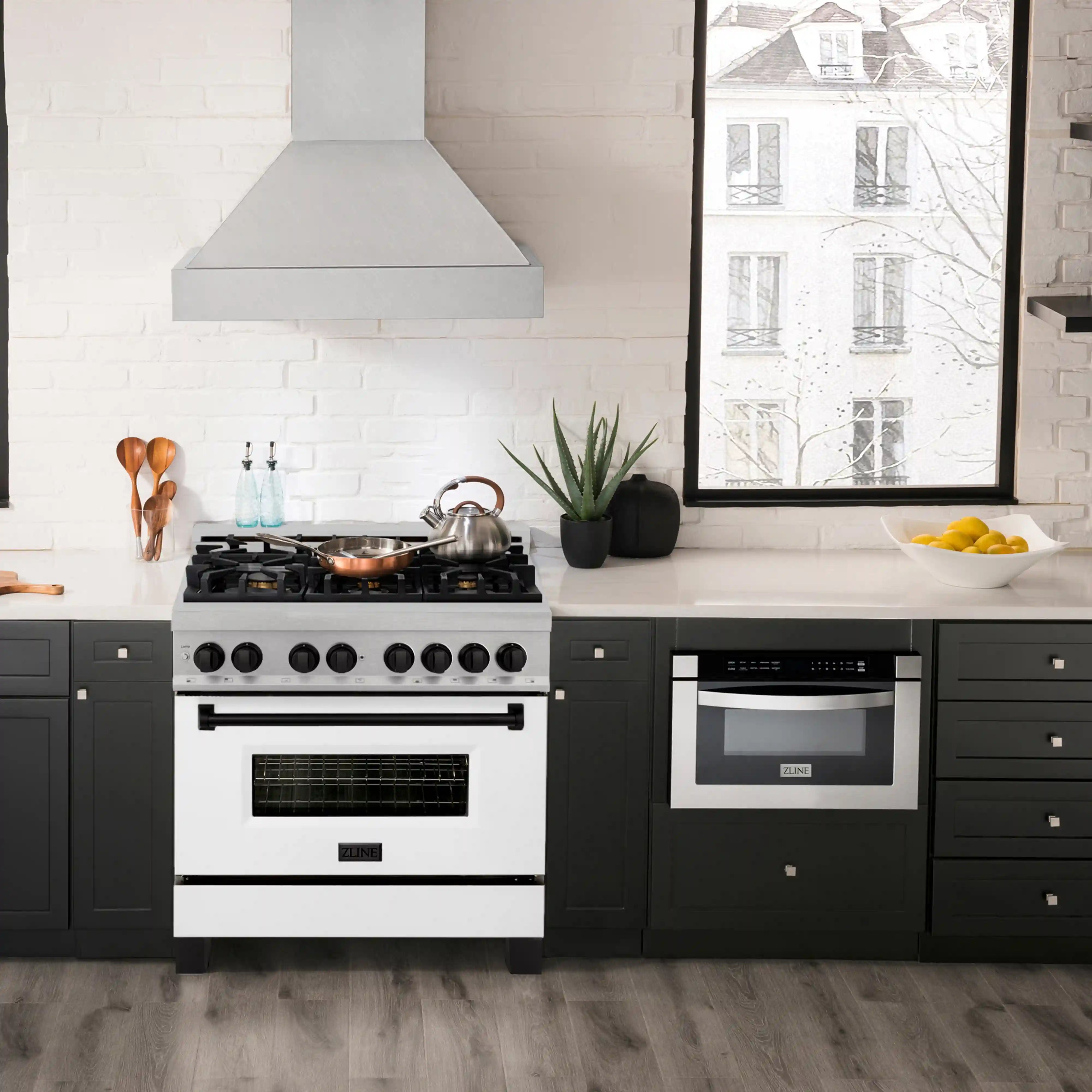 Satin stainless dual fuel range with white door and black burner control knobs
