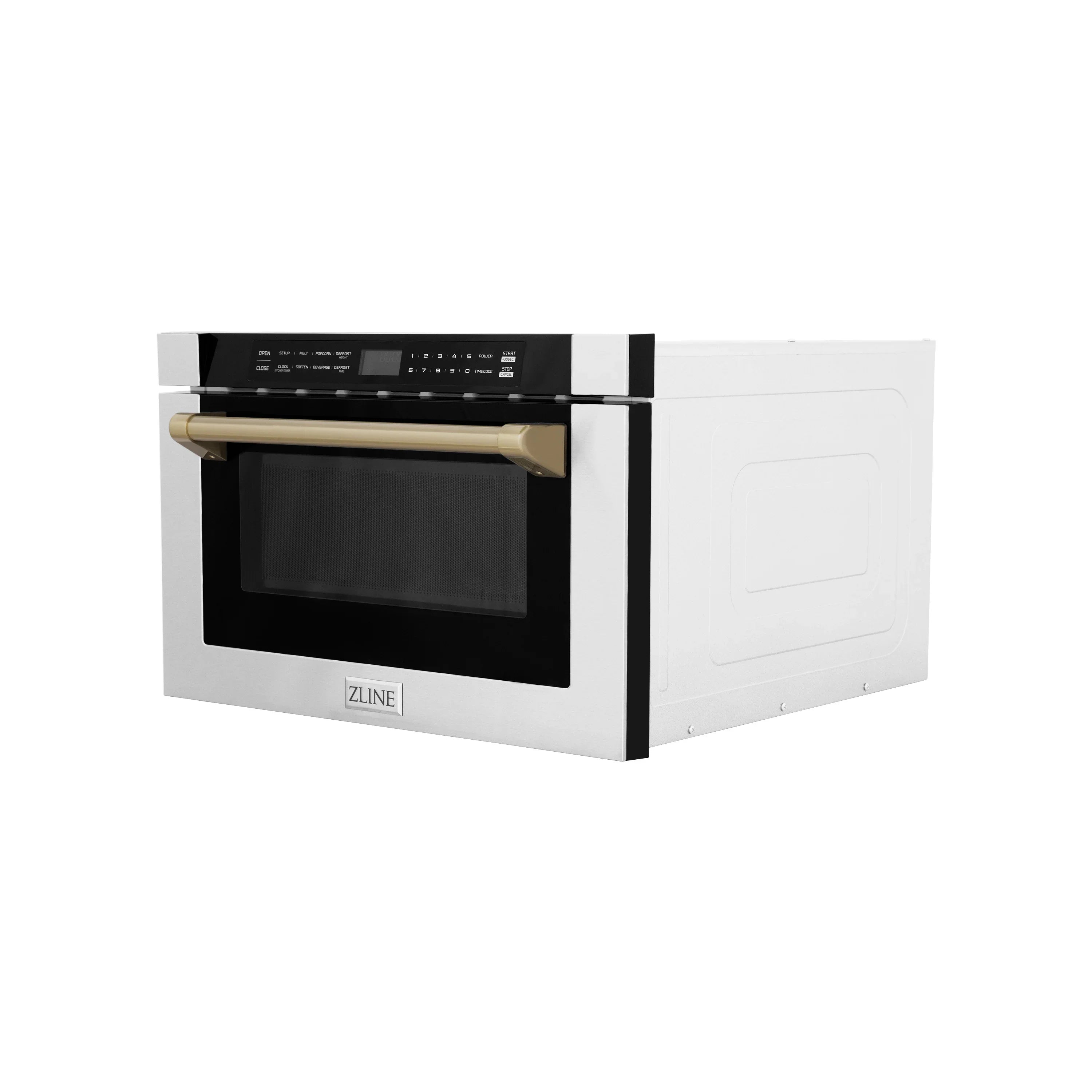 24-inch microwave drawer with black glass door, stainless trim, and champagne-bronze handle
