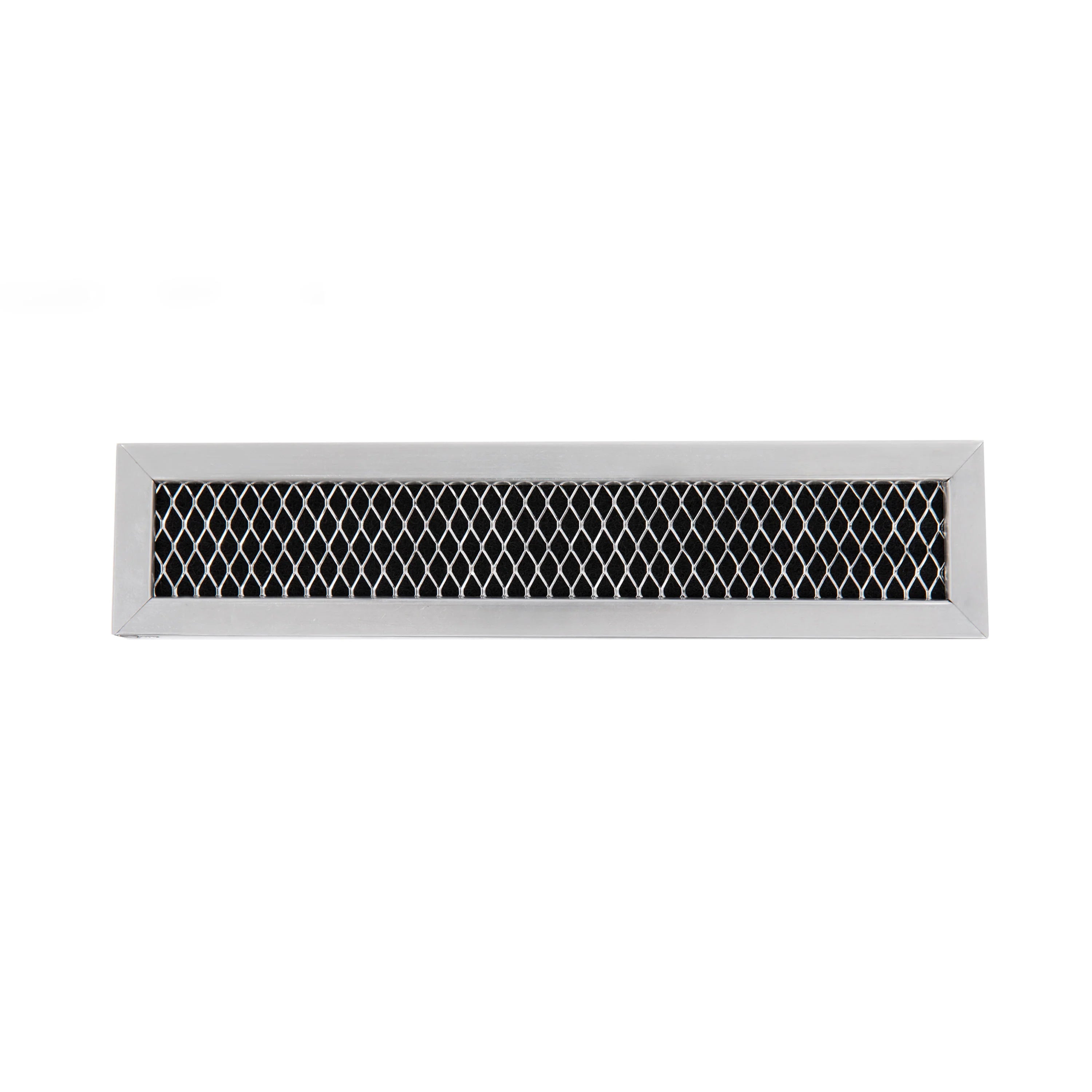 Rectangular microwave charcoal filter with black diamond mesh panel in gray casing.