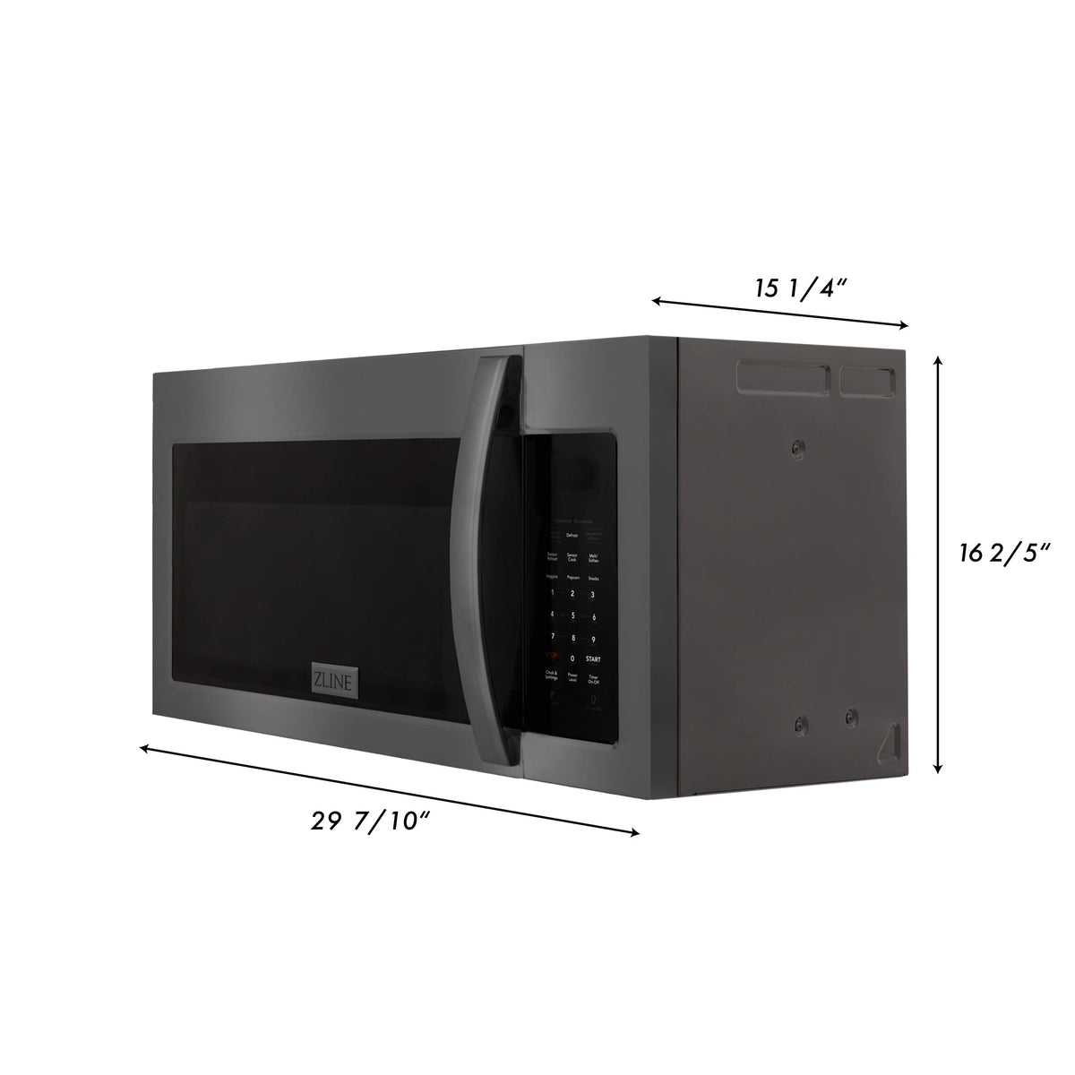 Over-the-range microwave oven in black stainless steel with built-in door window and keypad