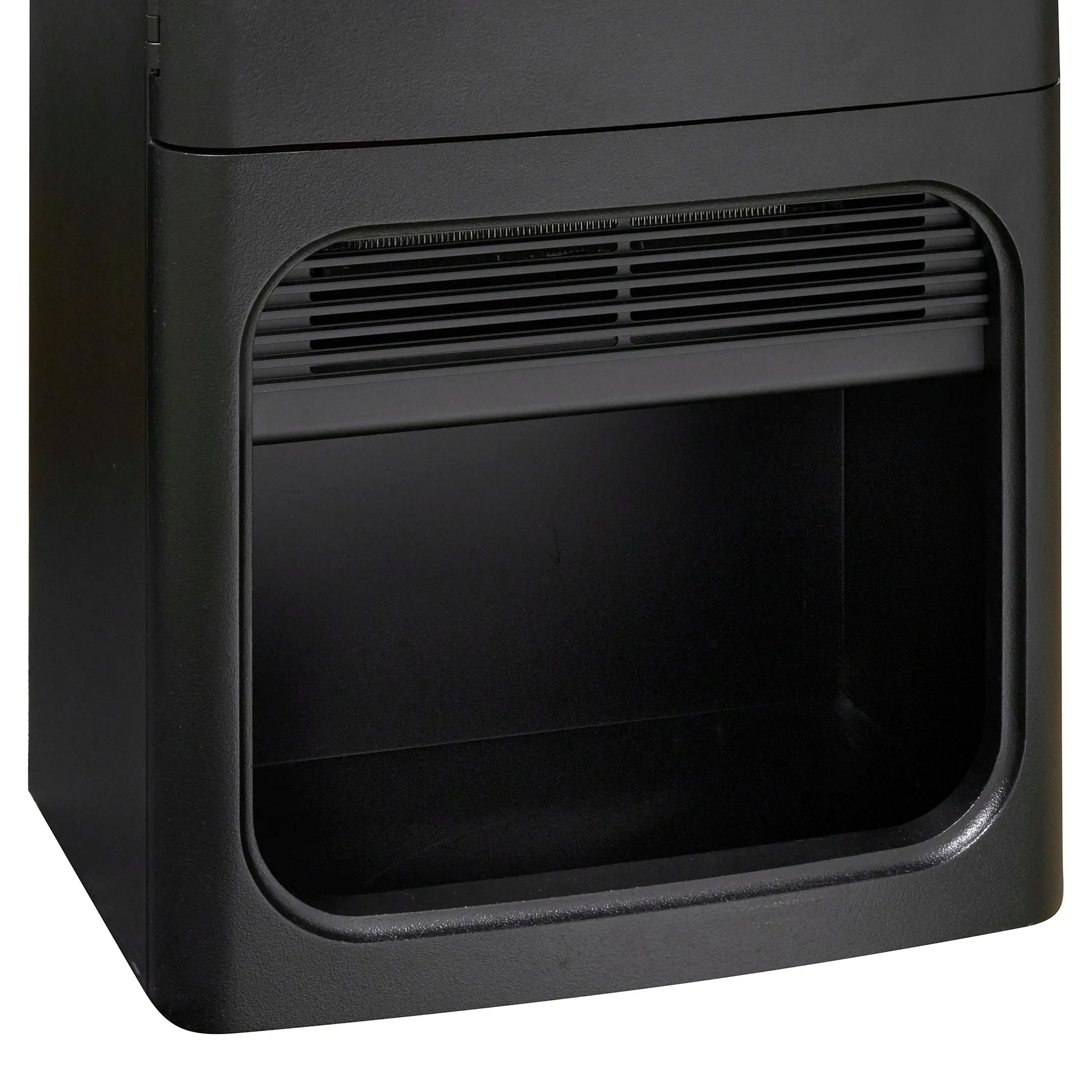 Black water vapor fireplace lower front vented grille with arched glass viewing window.