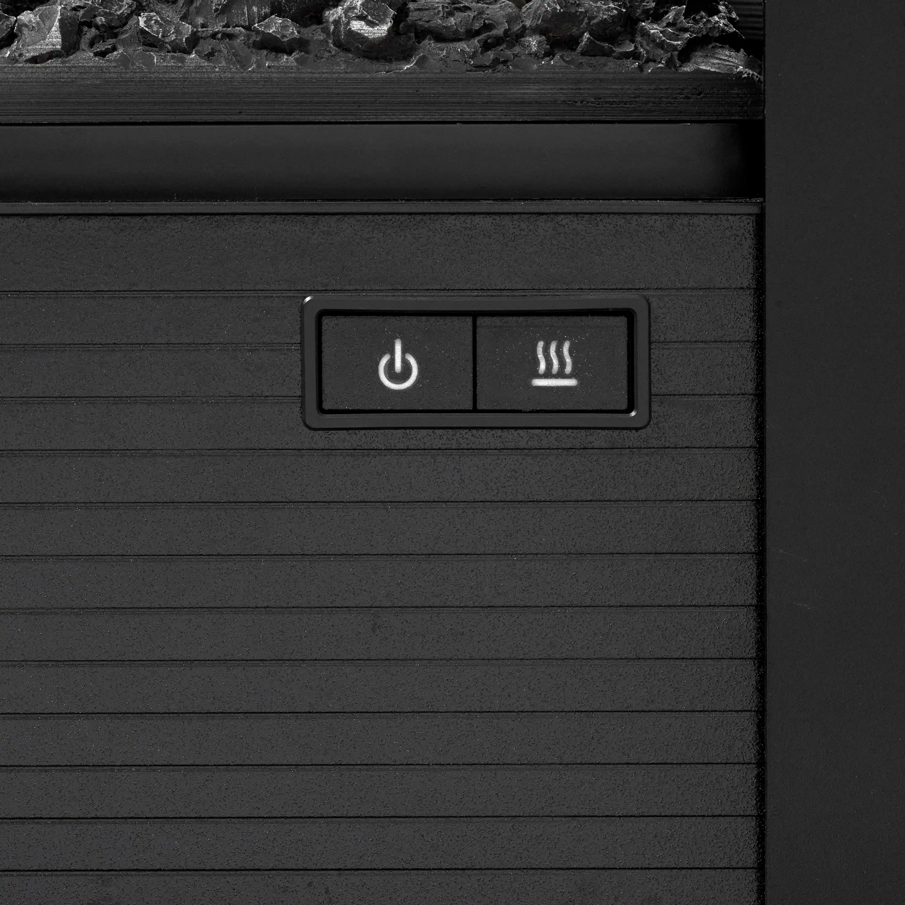 Black water vapor fireplace control panel with power and heat icon buttons.