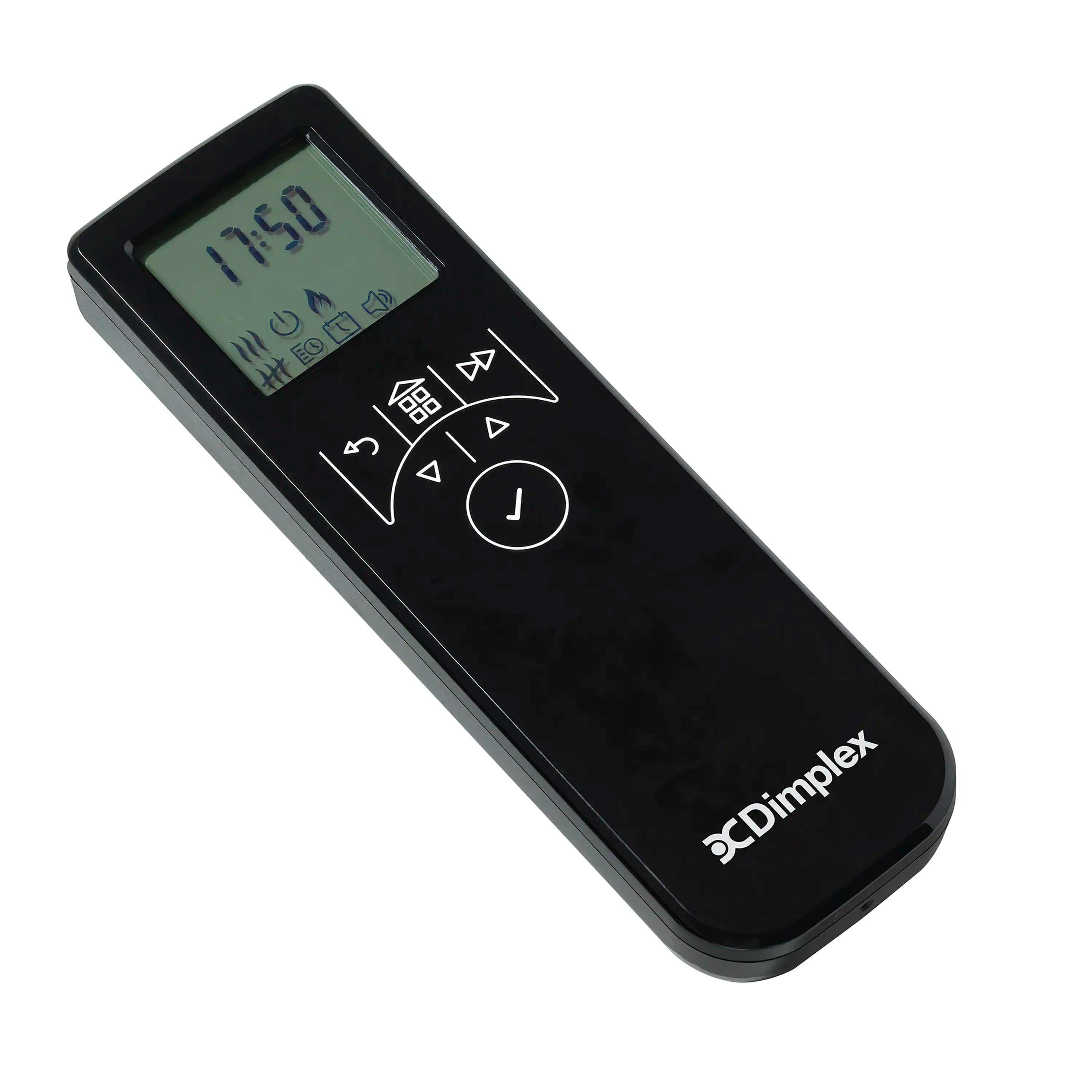 Dimplex water vapor fireplace remote control with buttons and LCD screen.