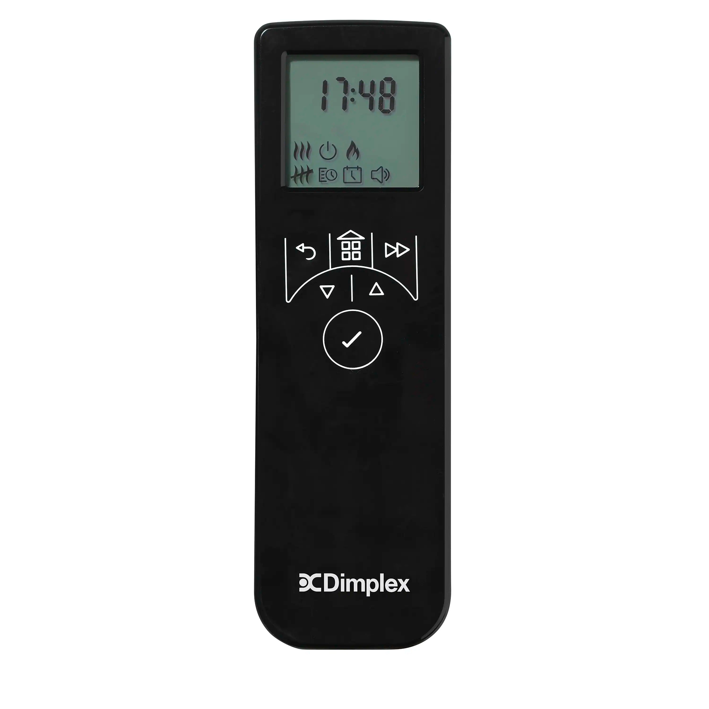 Dimplex water vapor fireplace remote with LCD display and navigation control buttons.