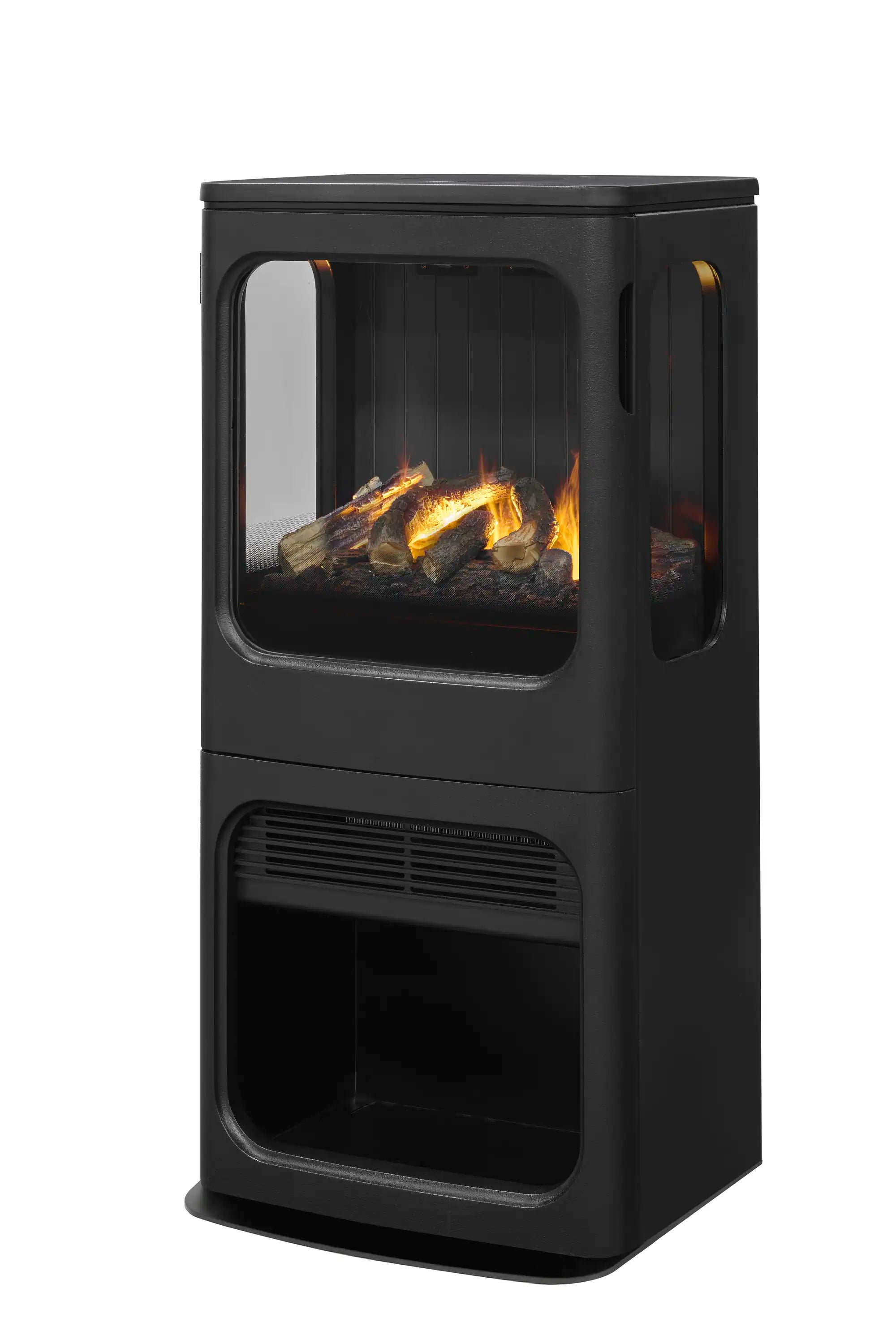 Black water vapor fireplace with side handle, front glass window showing 3D flames.