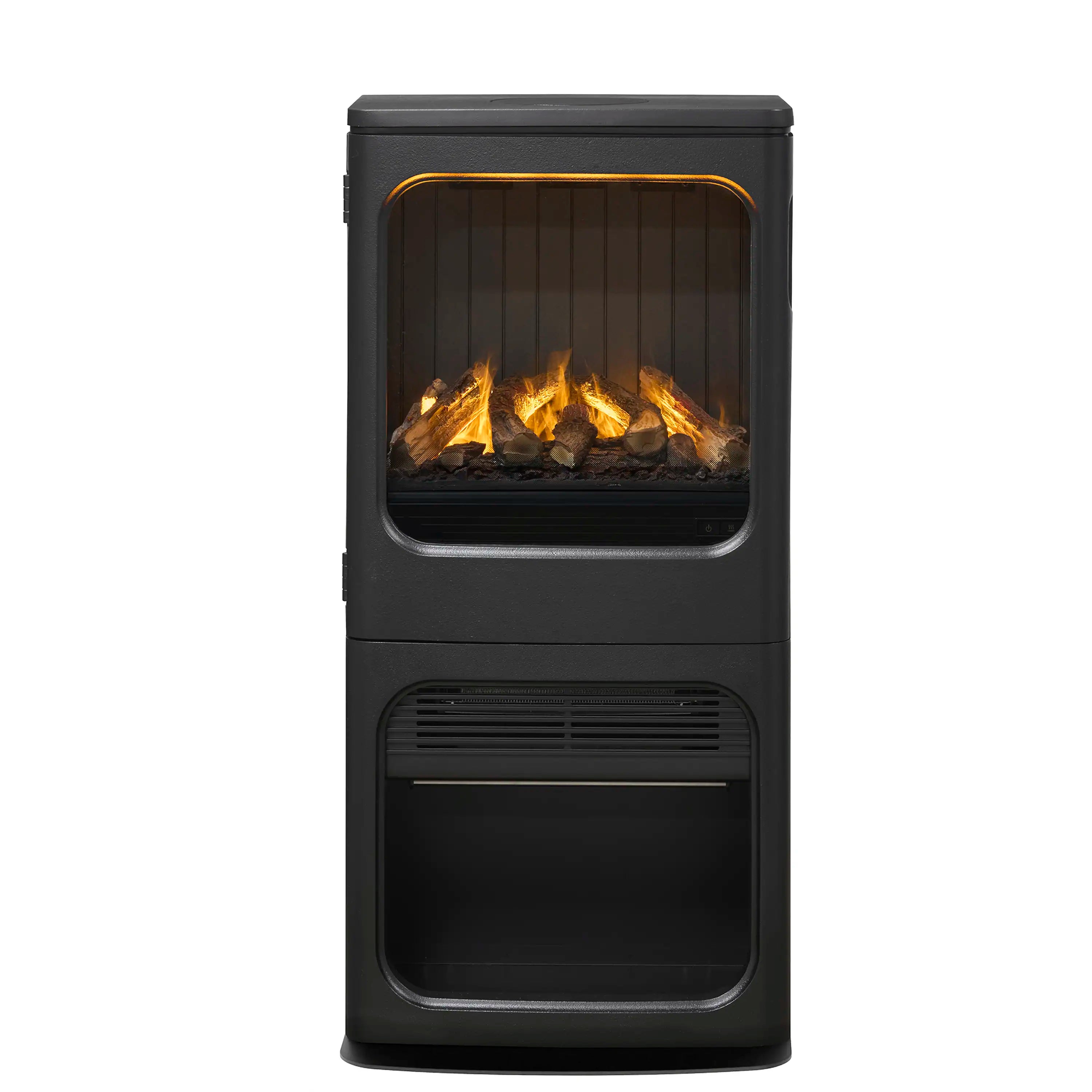 Black water vapor fireplace side view with glass window and orange accent trim.