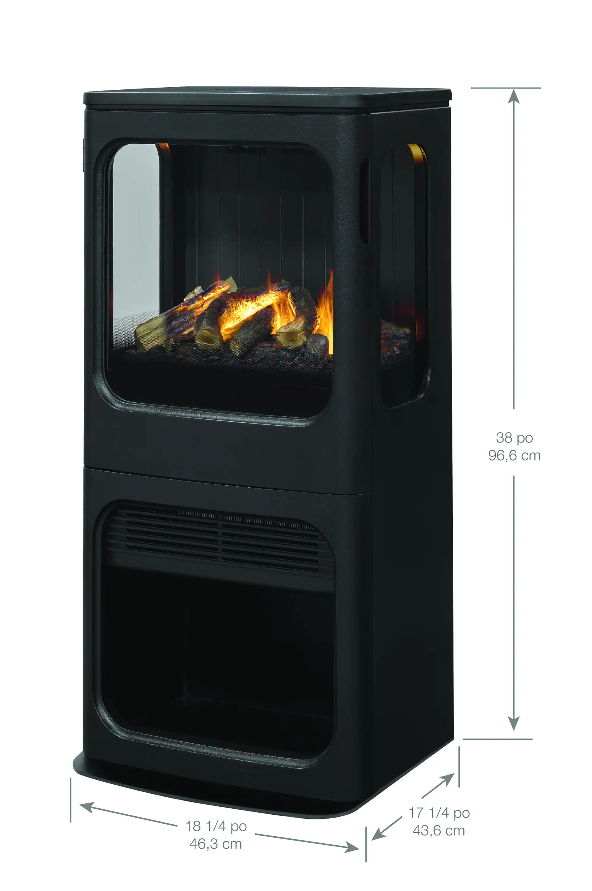 Water vapor fireplace front view with glass flame window; shown with size dimensions.