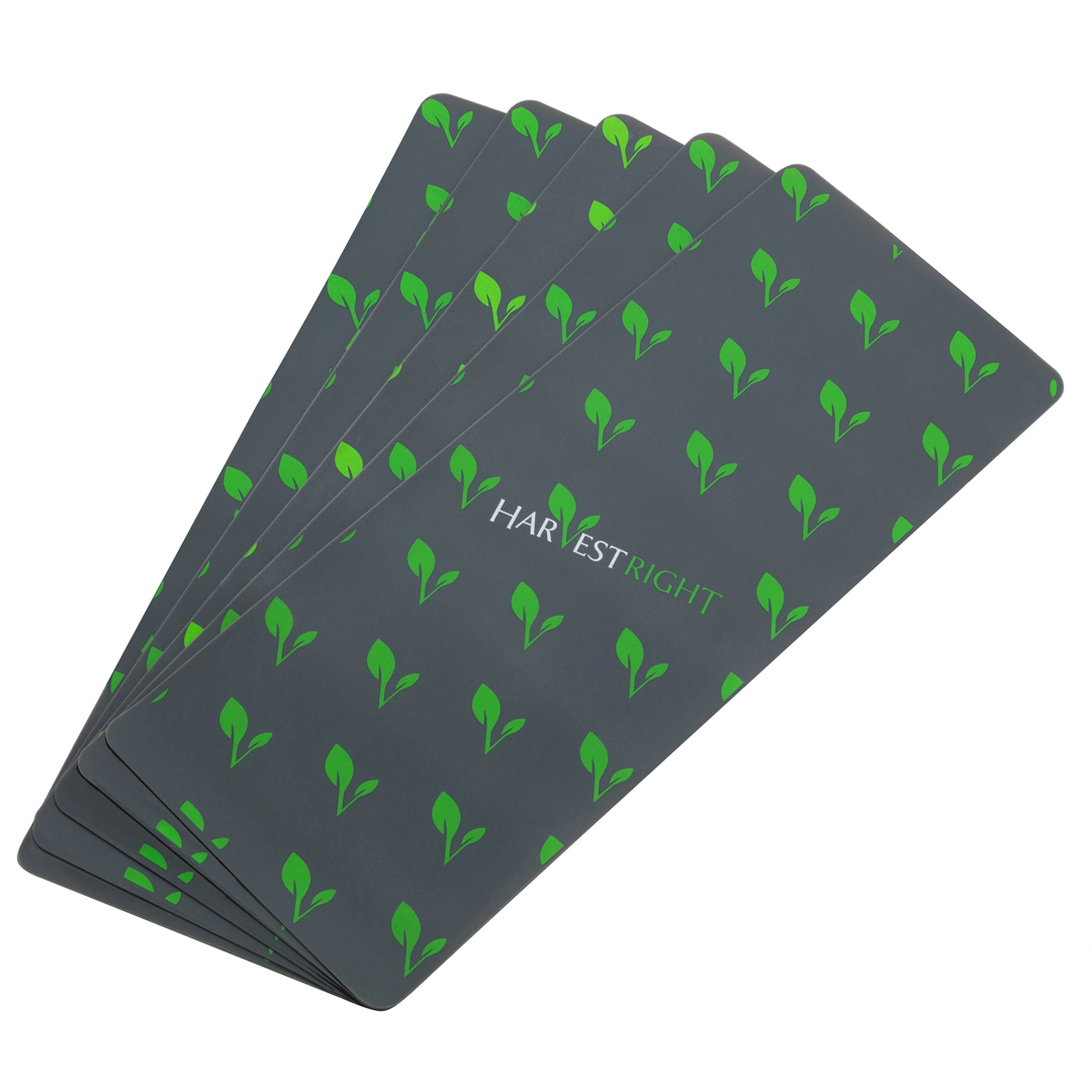 Dark silicone mats with green leaf pattern and Harvest Right logo, set of 5