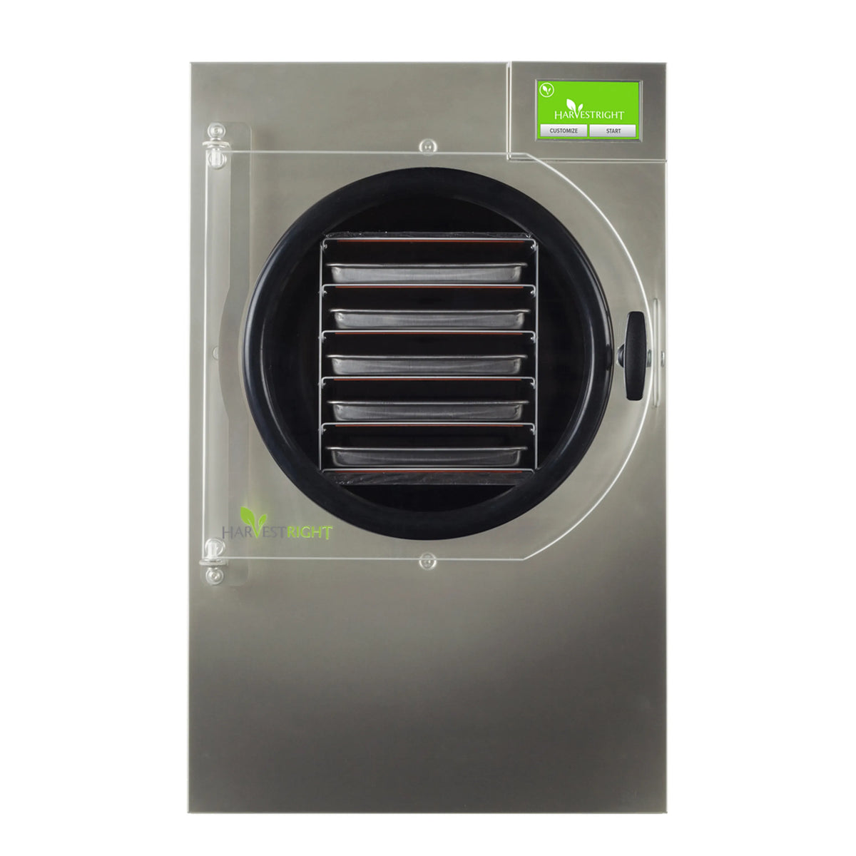 Stainless steel freeze dryer with circular loading door and multiple tray rails