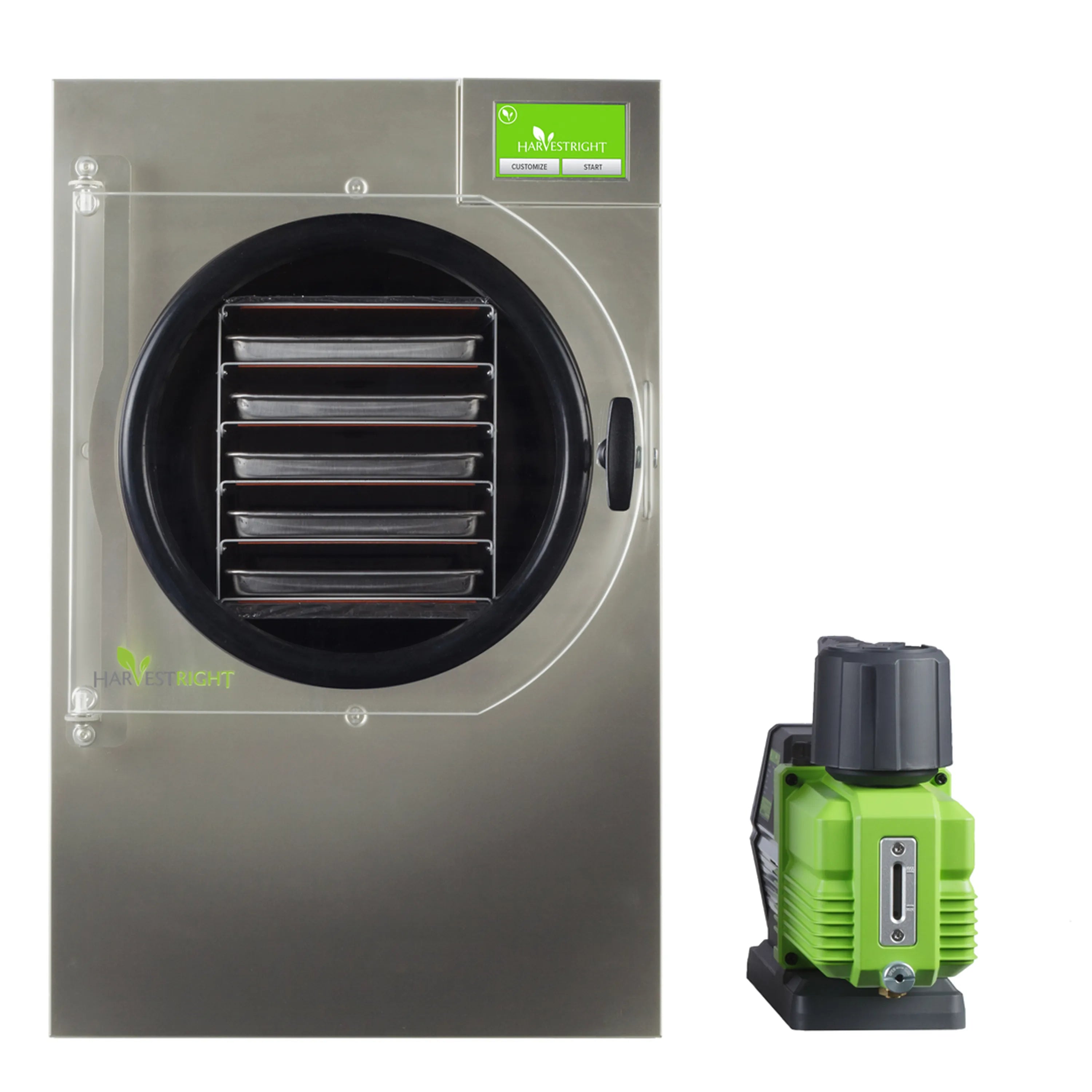 Stainless steel freeze dryer with circular door plus included green vacuum pump