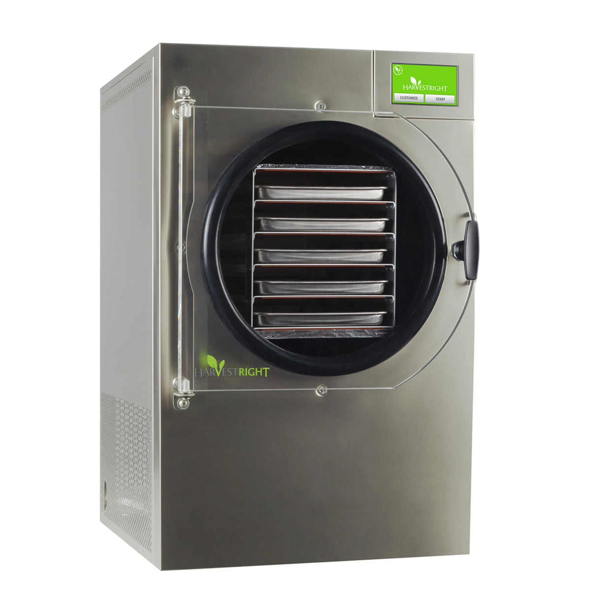 Stainless steel freeze dryer with front circular door and round side handle