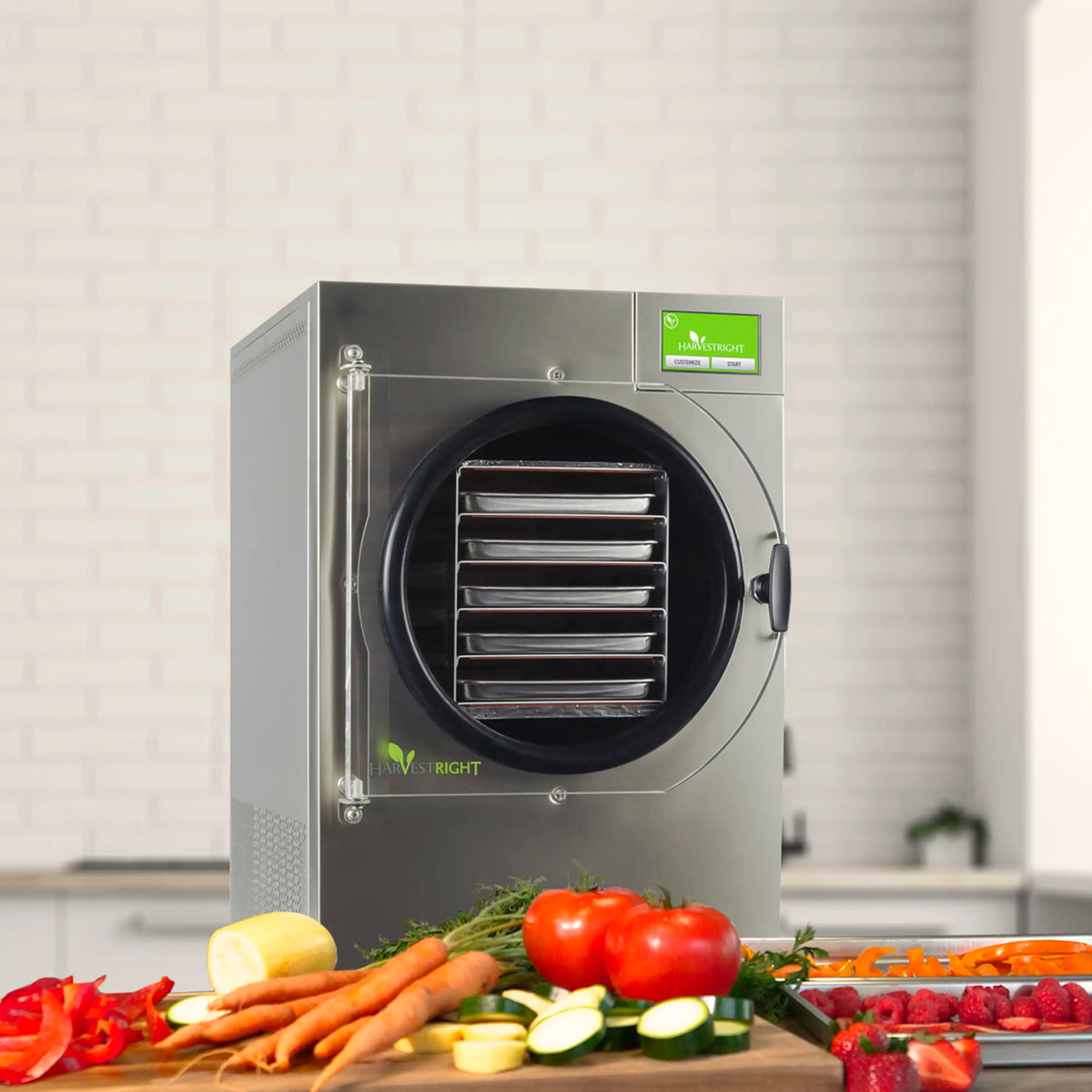 Stainless steel freeze dryer with circular door and green display control panel