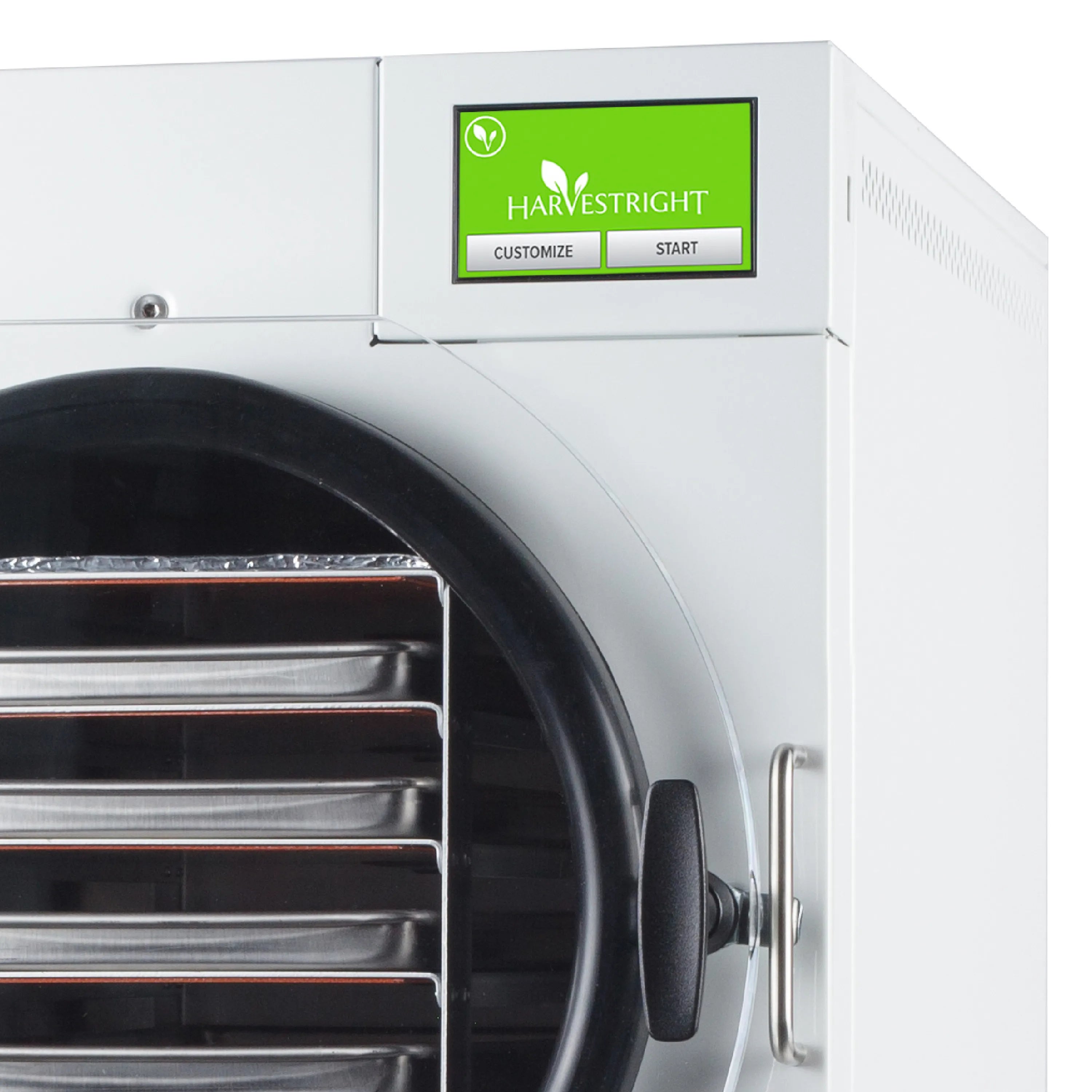 Freeze dryer control panel above round black chamber with start and customize buttons