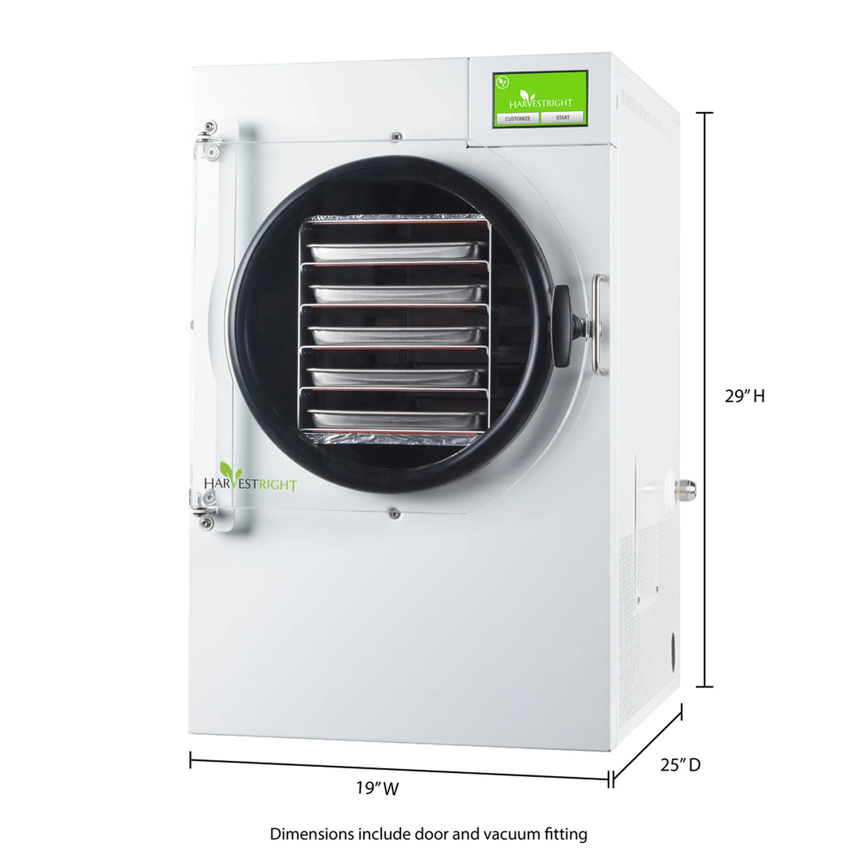 White freeze dryer front view with round black chamber and right-side handle