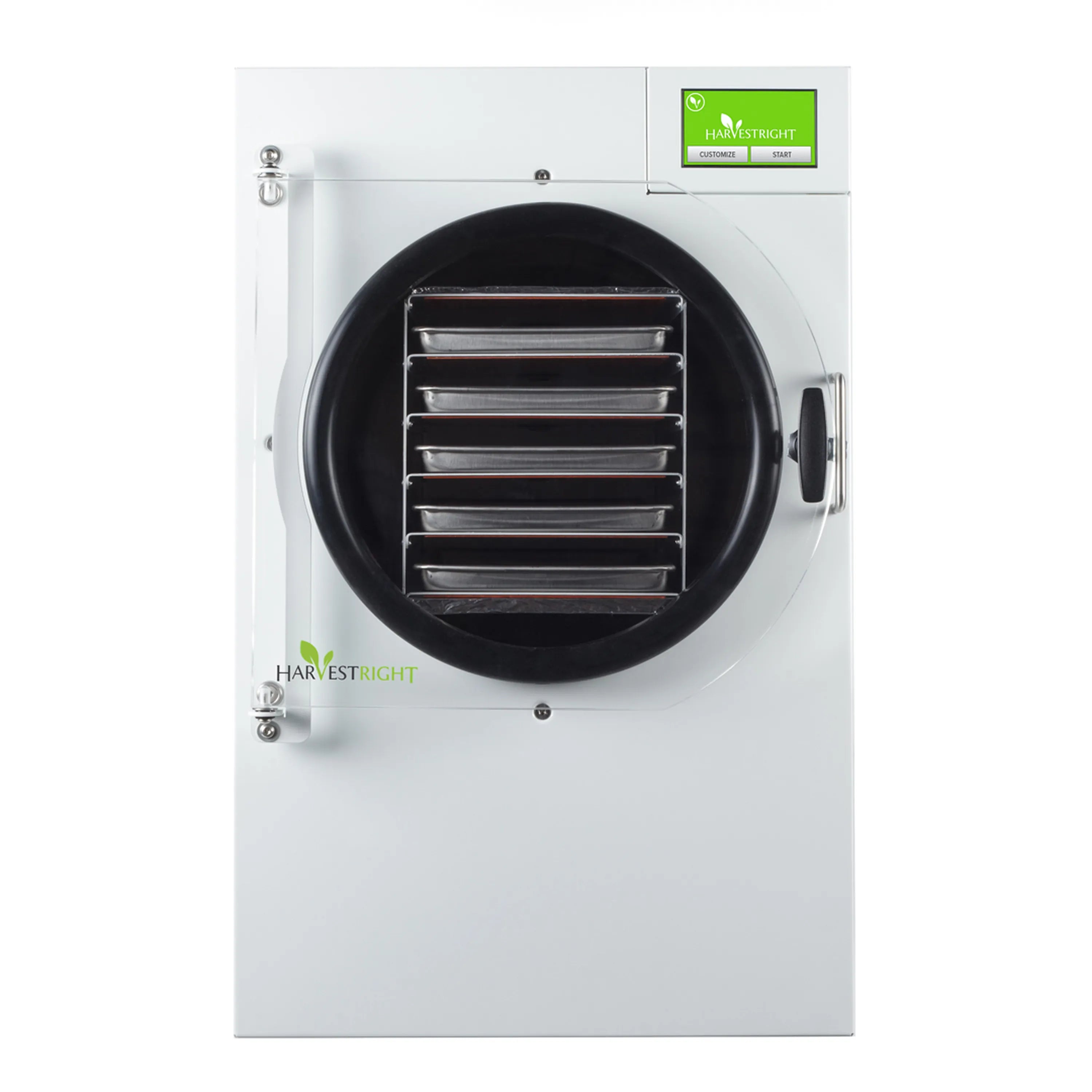 White freeze dryer with round black chamber, latch, and control screen on top