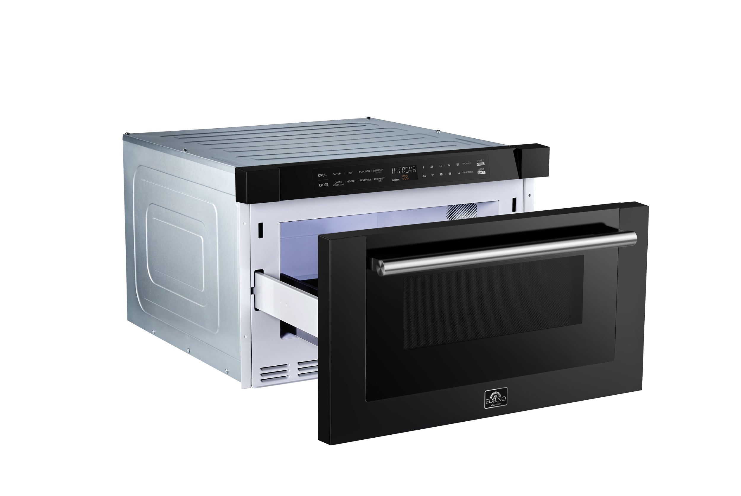 Microwave drawer front with black door open and white housing side panel