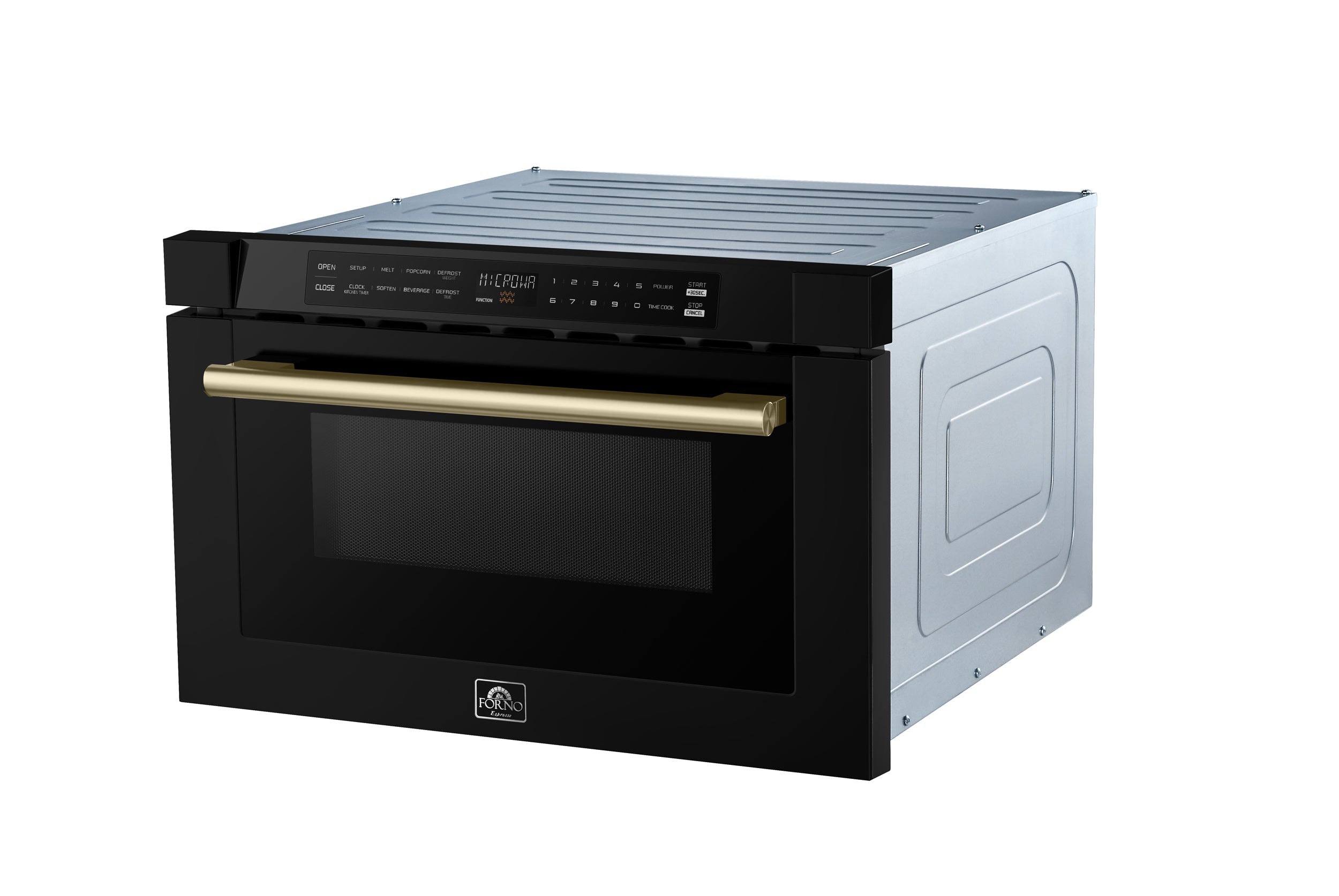 Black microwave drawer with gold handle and vented top panel