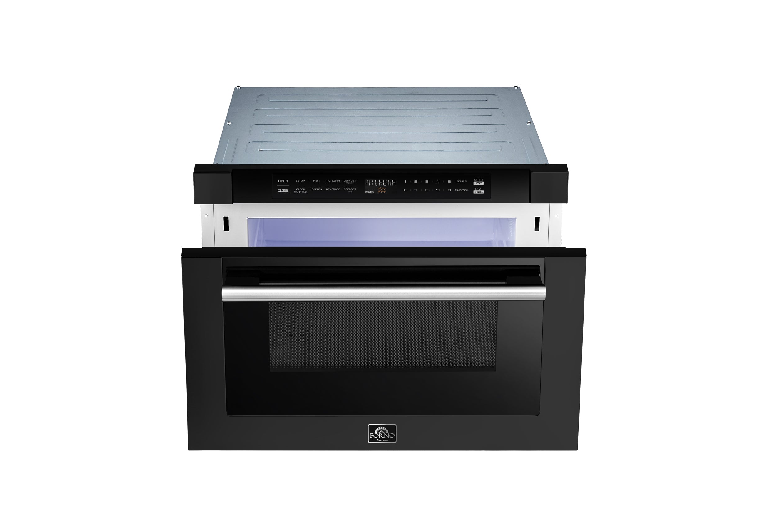 Open black microwave drawer showing interior cavity with blue display light