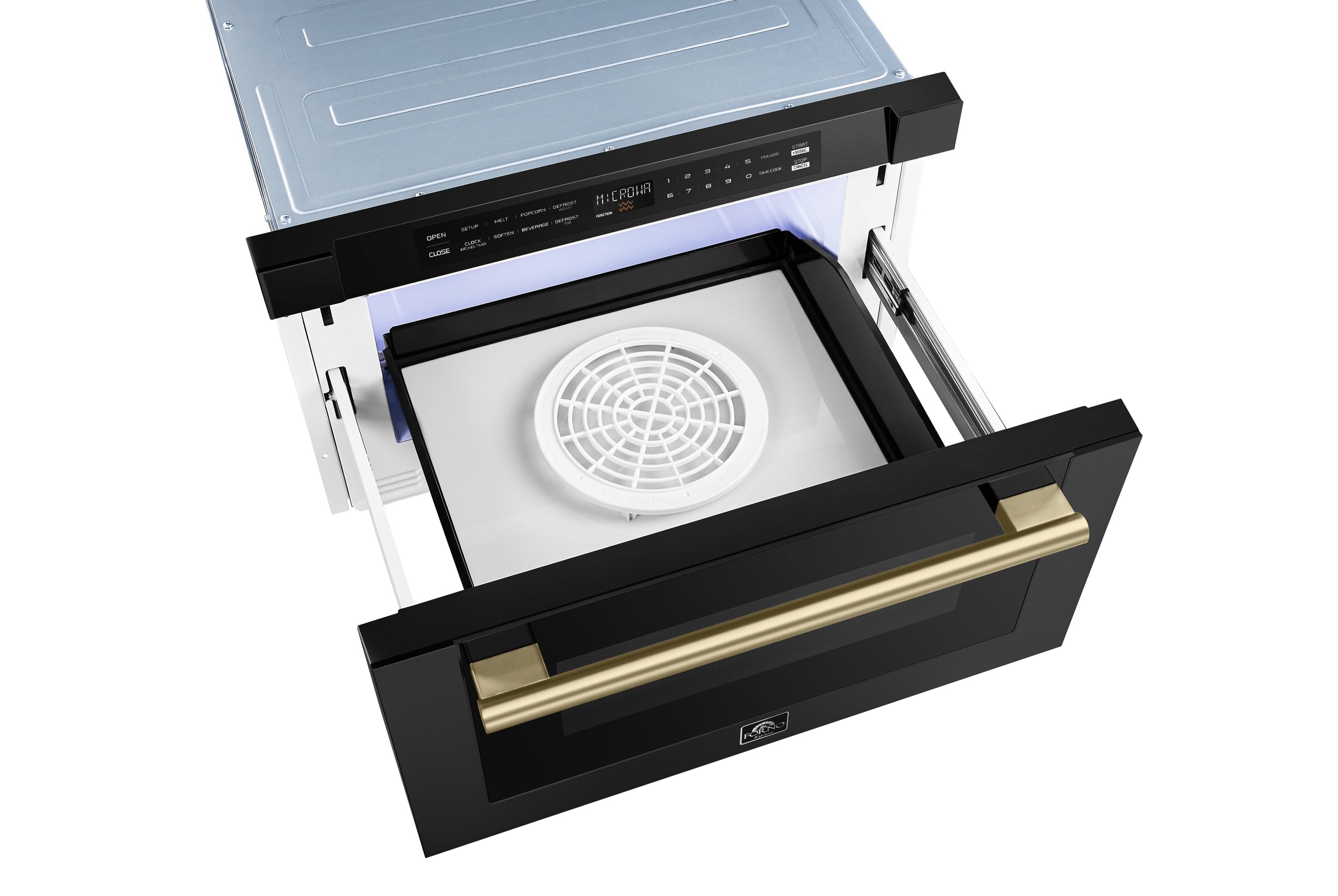 Open black microwave drawer with round vent fan and antique brass handle