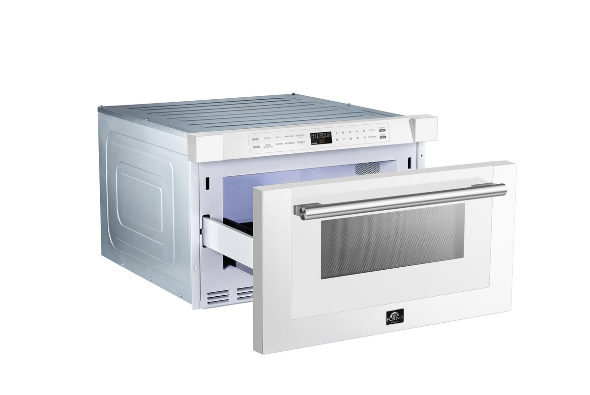 White 24-inch microwave drawer, angled view, with stainless handle and open door