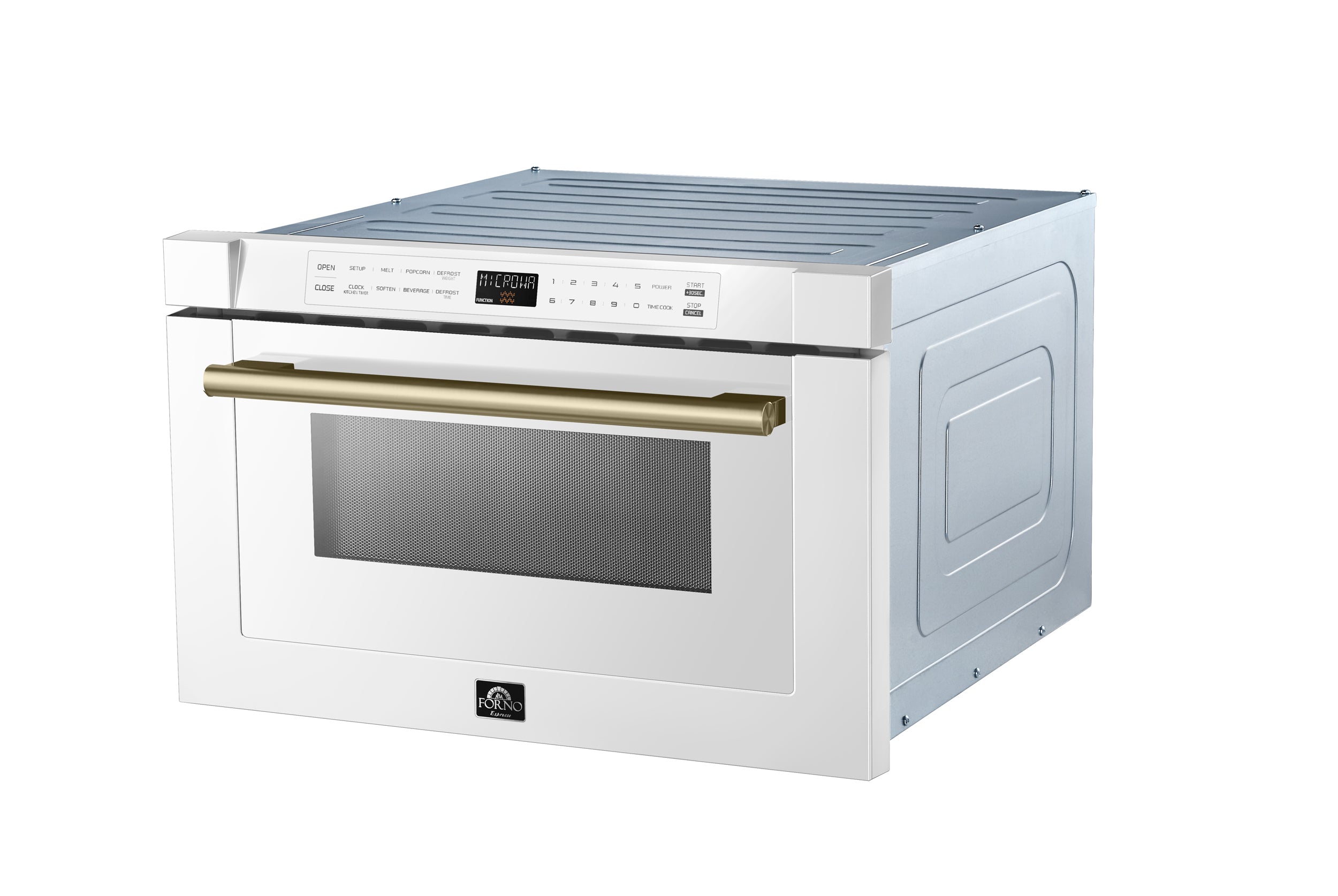 White 24-inch microwave drawer with antique brass handle and stainless door window