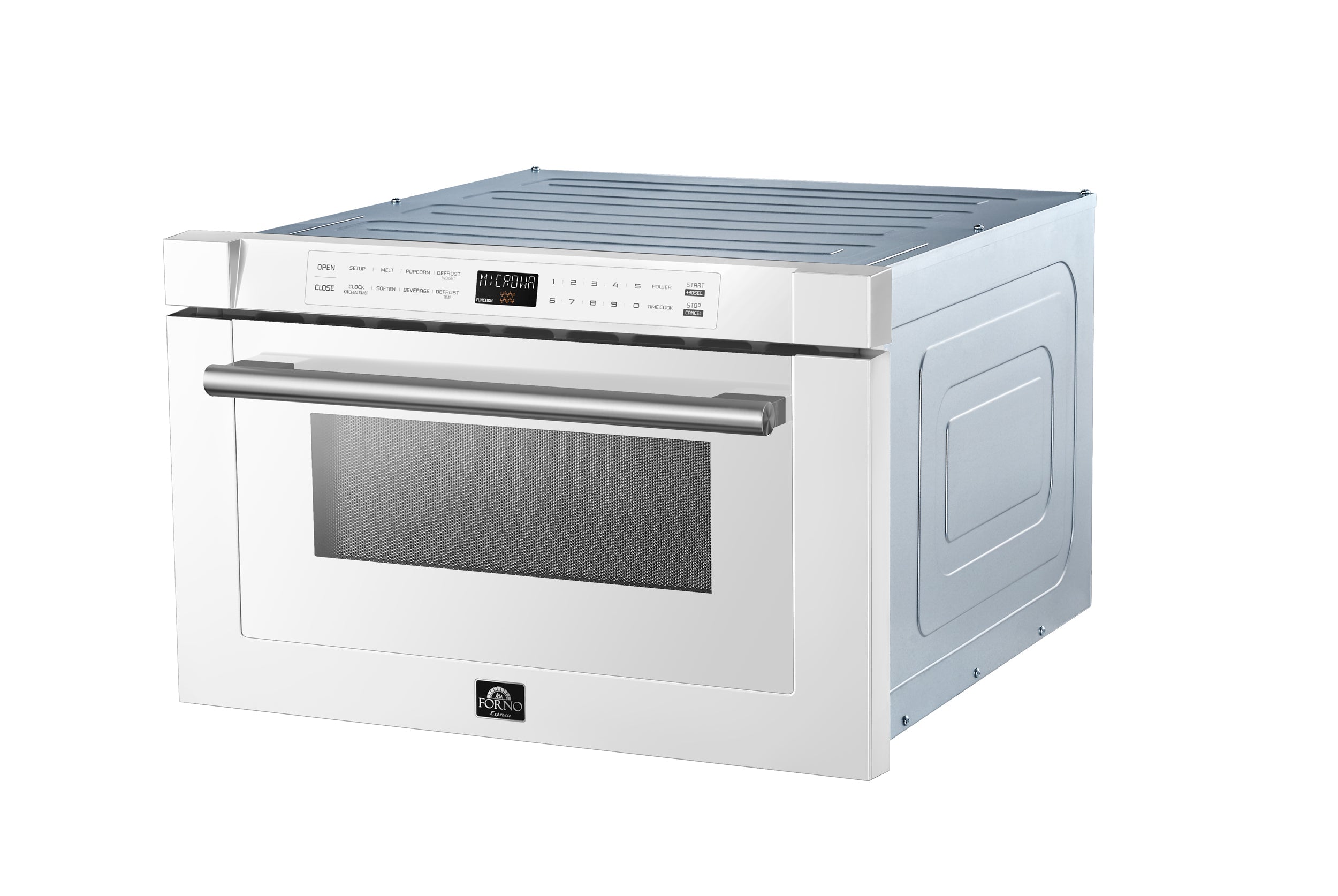 White microwave drawer open, showing stainless interior cavity and top rack