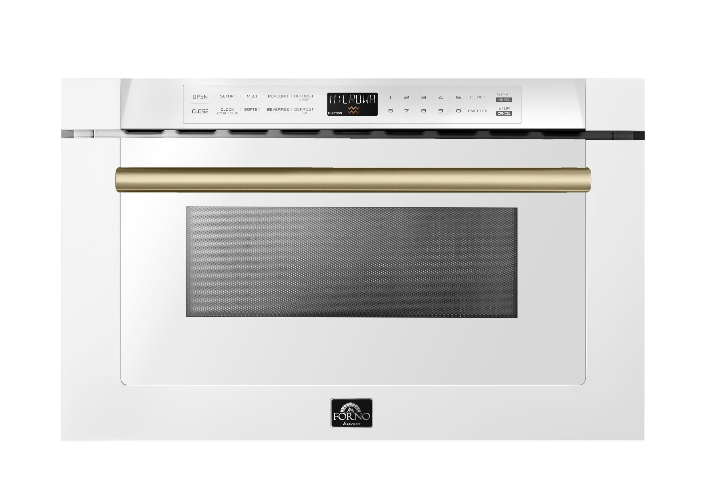 White 24-inch microwave drawer front with antique brass handle and control panel buttons