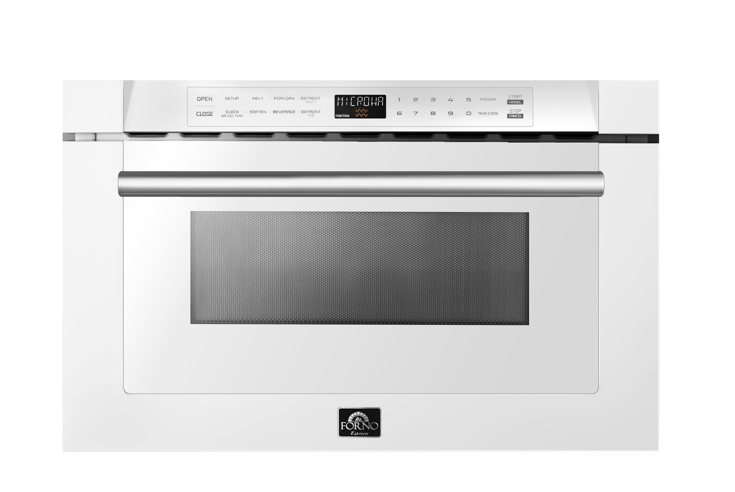 White 24-inch microwave drawer close-up: stainless handle and control panel