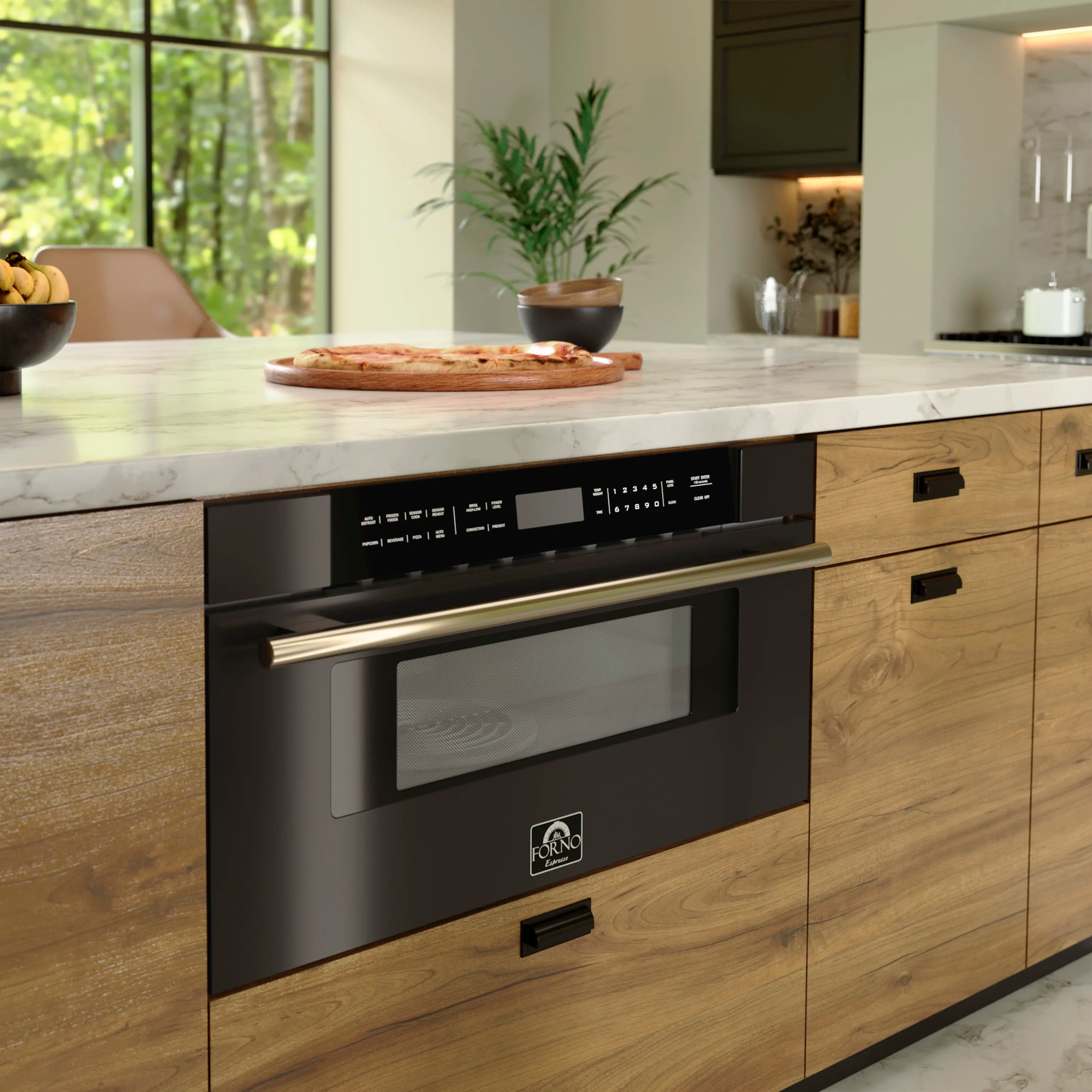 Black microwave drawer installed under countertop with brass trim handle and window