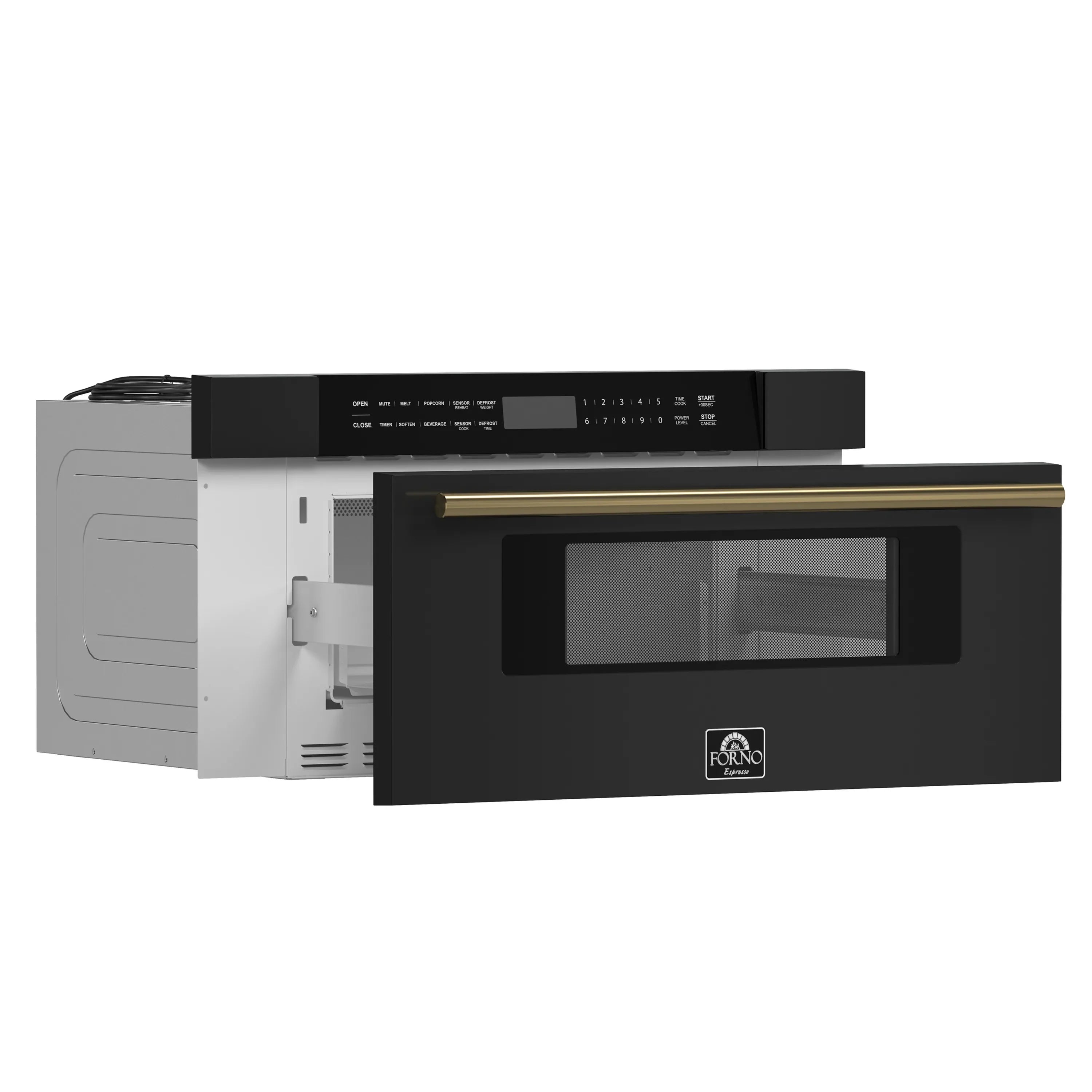 Black microwave drawer with brass handle and open-side installation