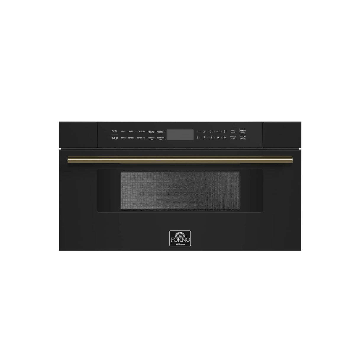 Black microwave drawer front with antique brass trim and control panel