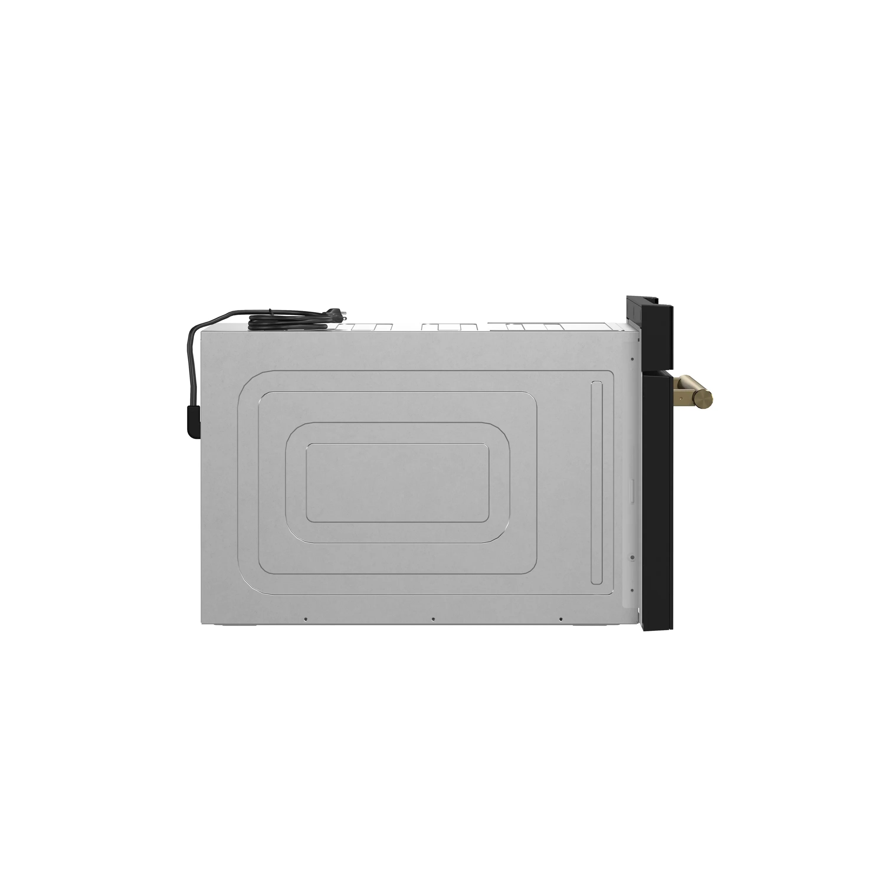 Microwave drawer front with side door frame and brass-toned handle detail