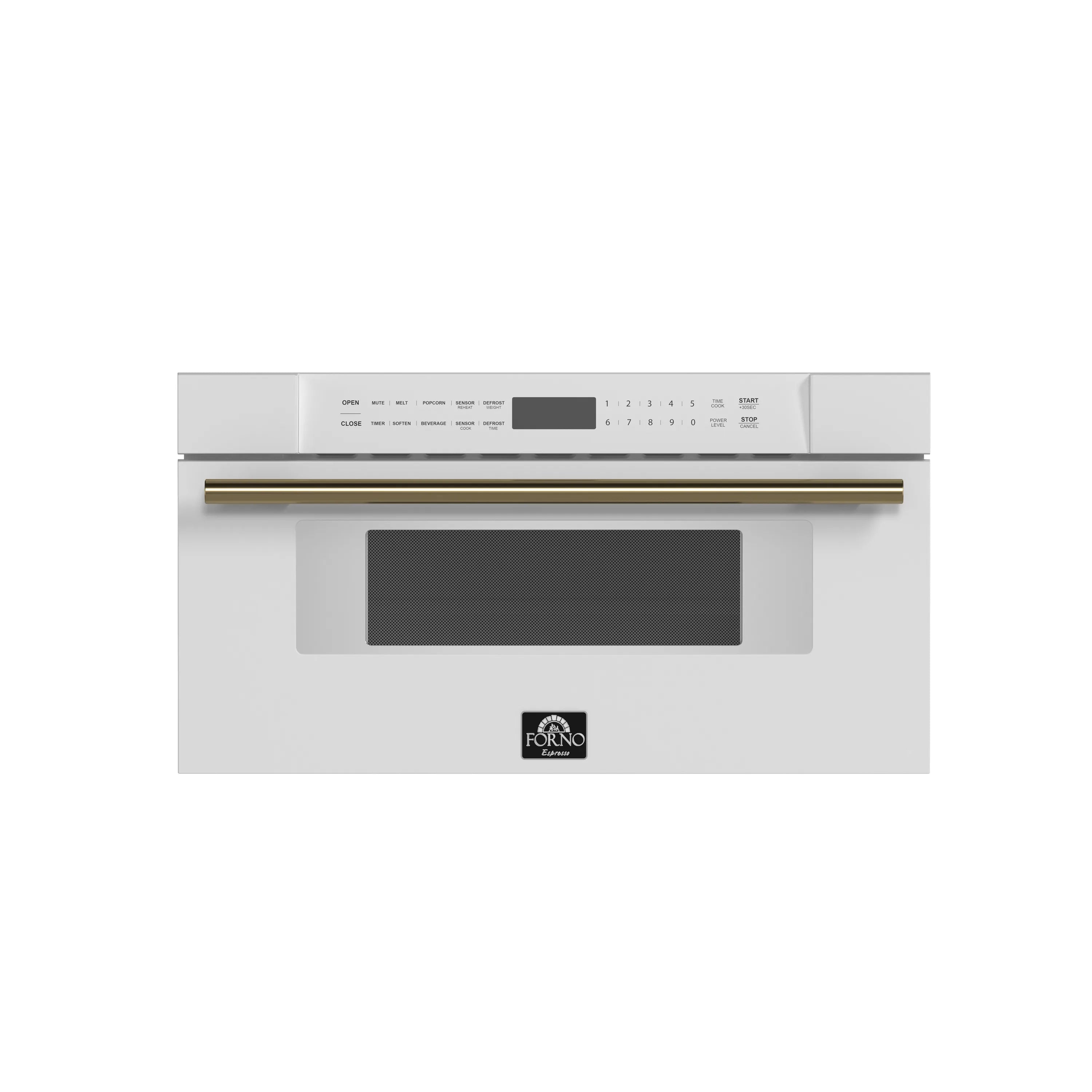 White microwave drawer front view with brass trim bar and dark display window