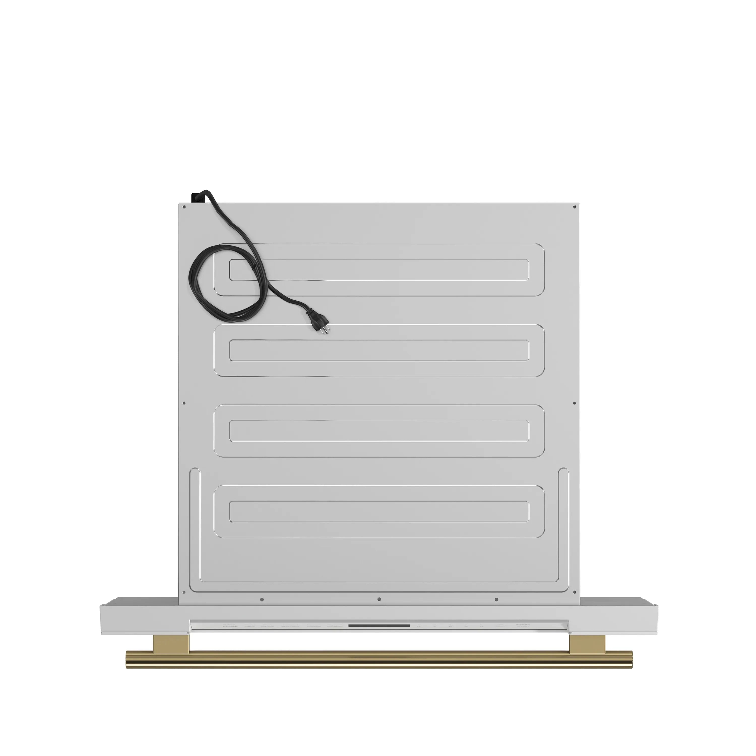 Built-in white appliance back with black cable and gold trim at bottom