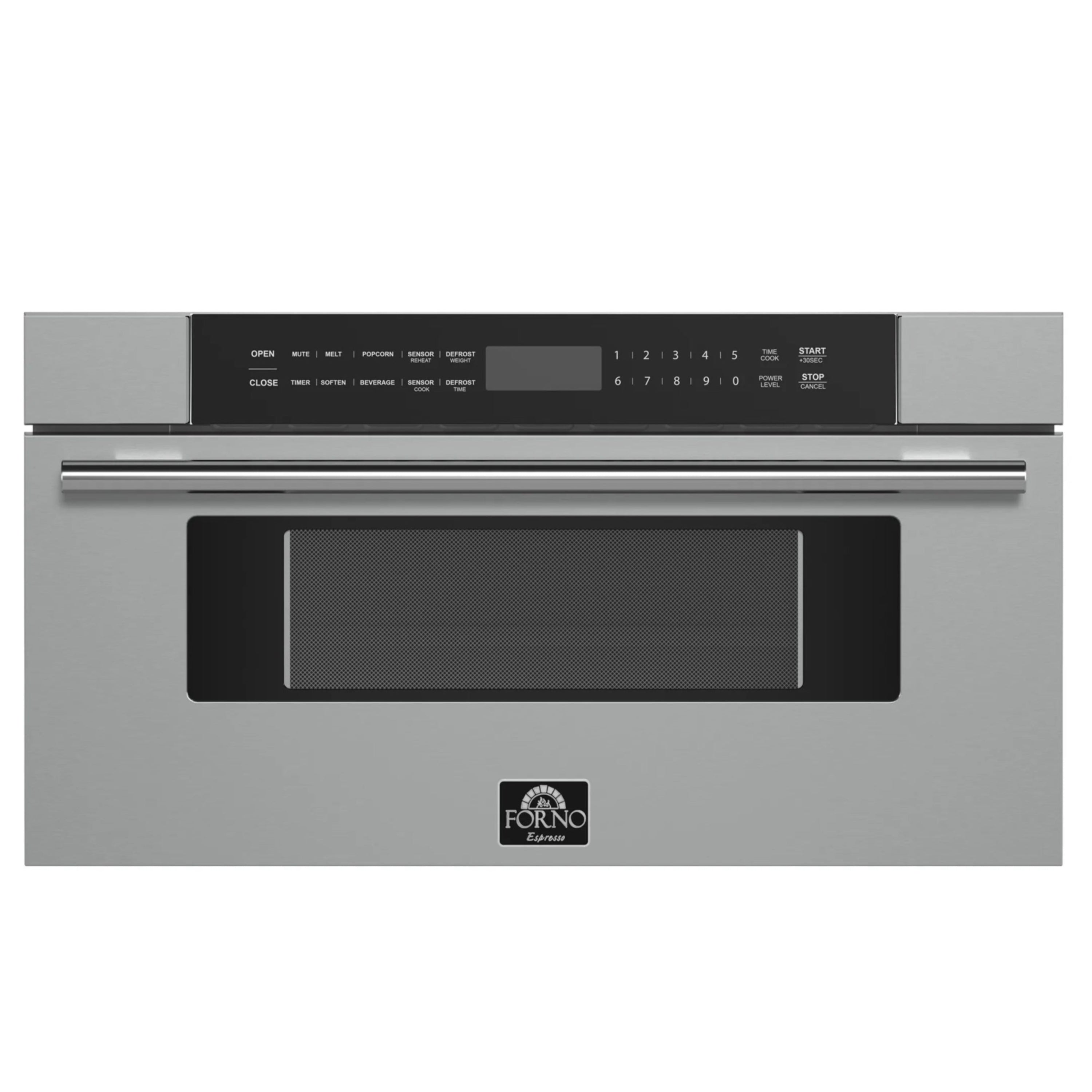 Microwave drawer front panel with handle, black glass window, and control lights