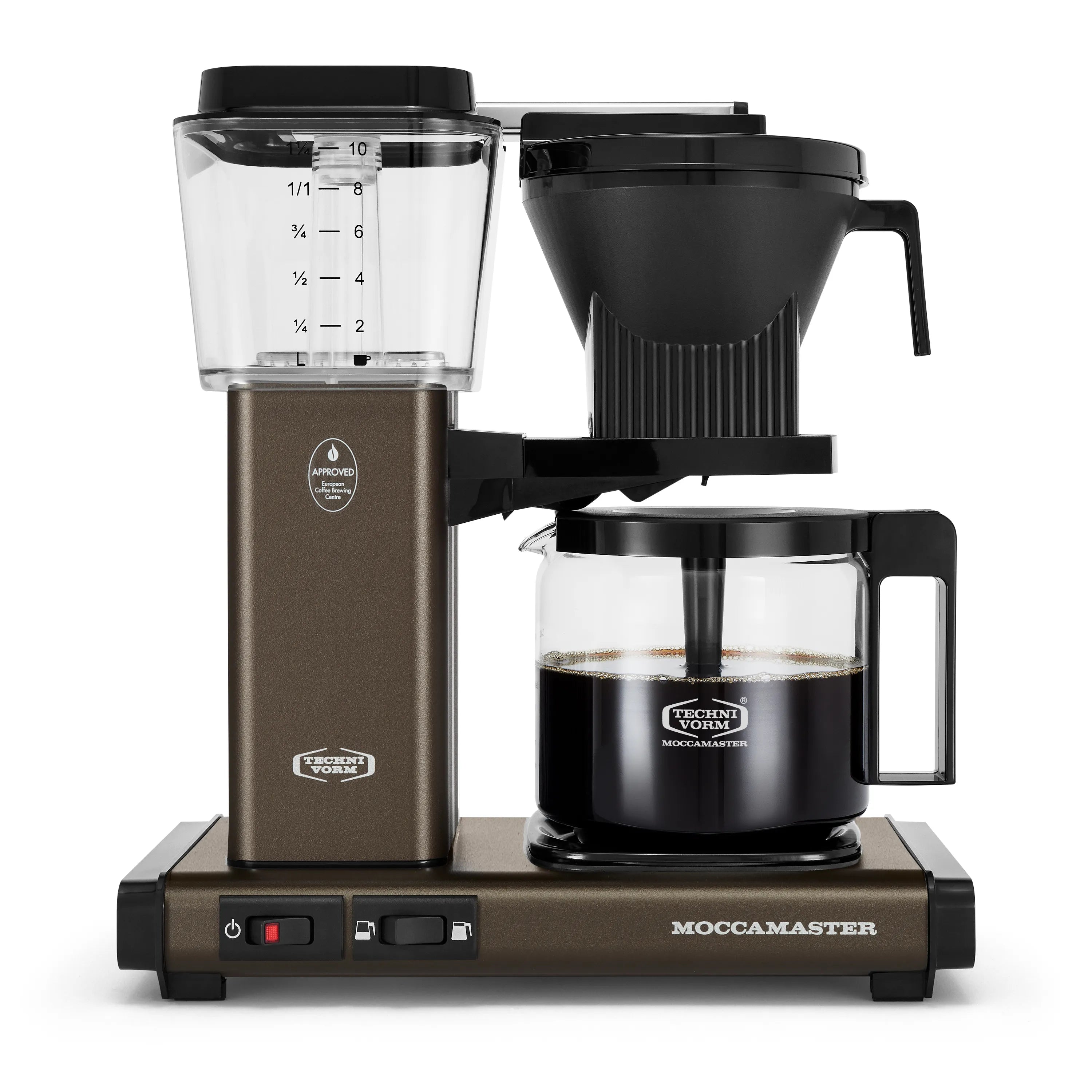 10-cup drip coffee maker, clear glass water reservoir and dark cocoa body with black parts