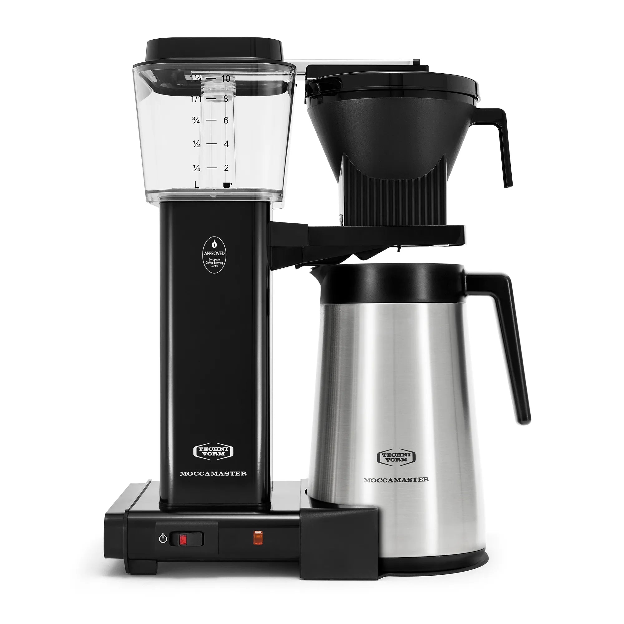 Black thermal carafe drip coffee maker with glass water reservoir and carafe handle