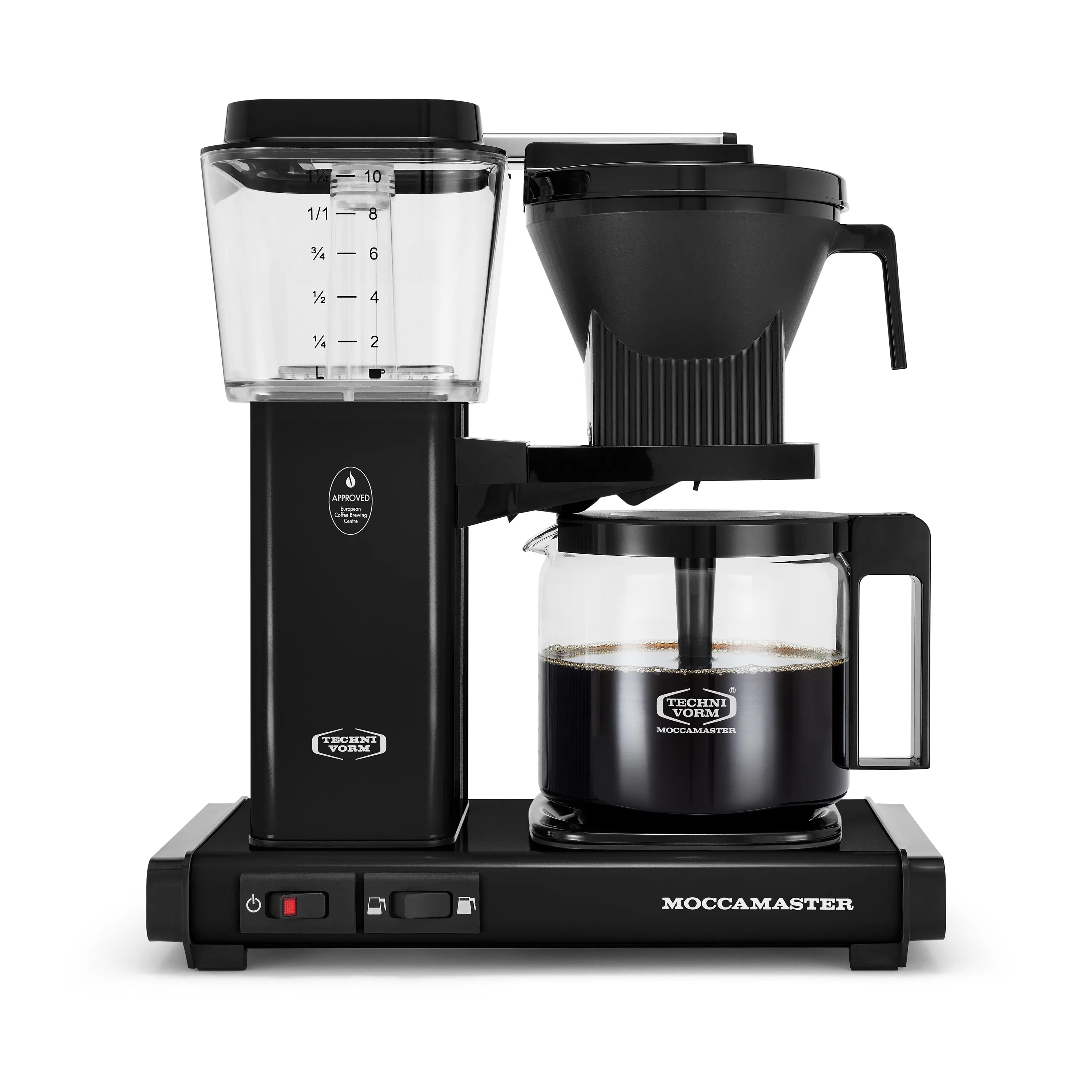 Black Moccamaster drip-stop coffee maker with glass carafe shown on white background