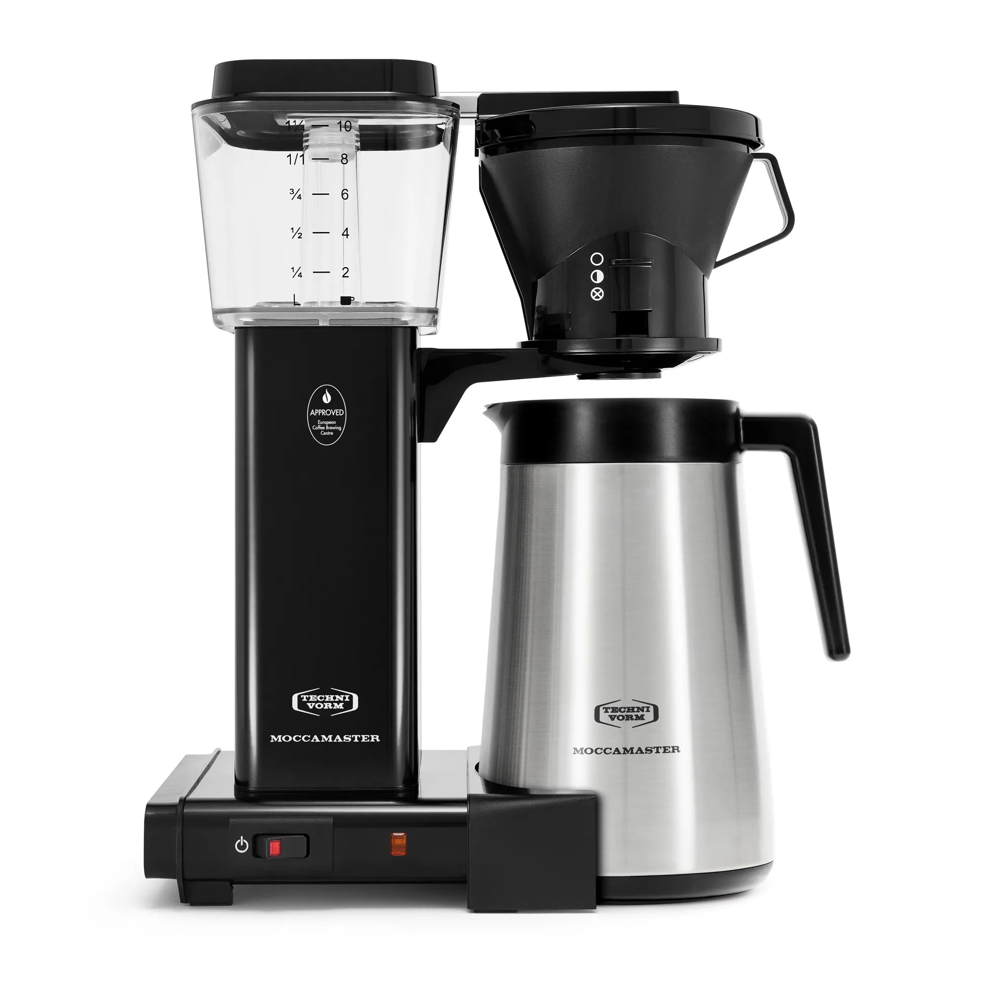 Black 10-cup drip coffee maker with stainless thermal carafe, manual drip-stop