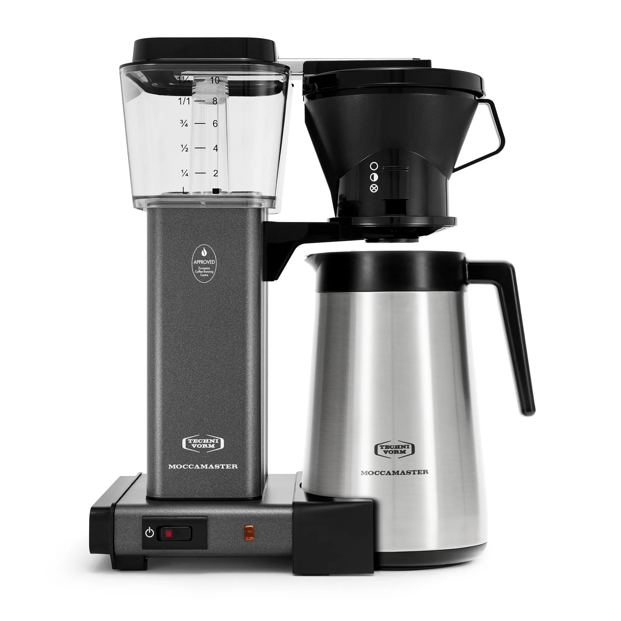 10-cup thermal coffee maker with dark grey base, black carafe, pour-over lid