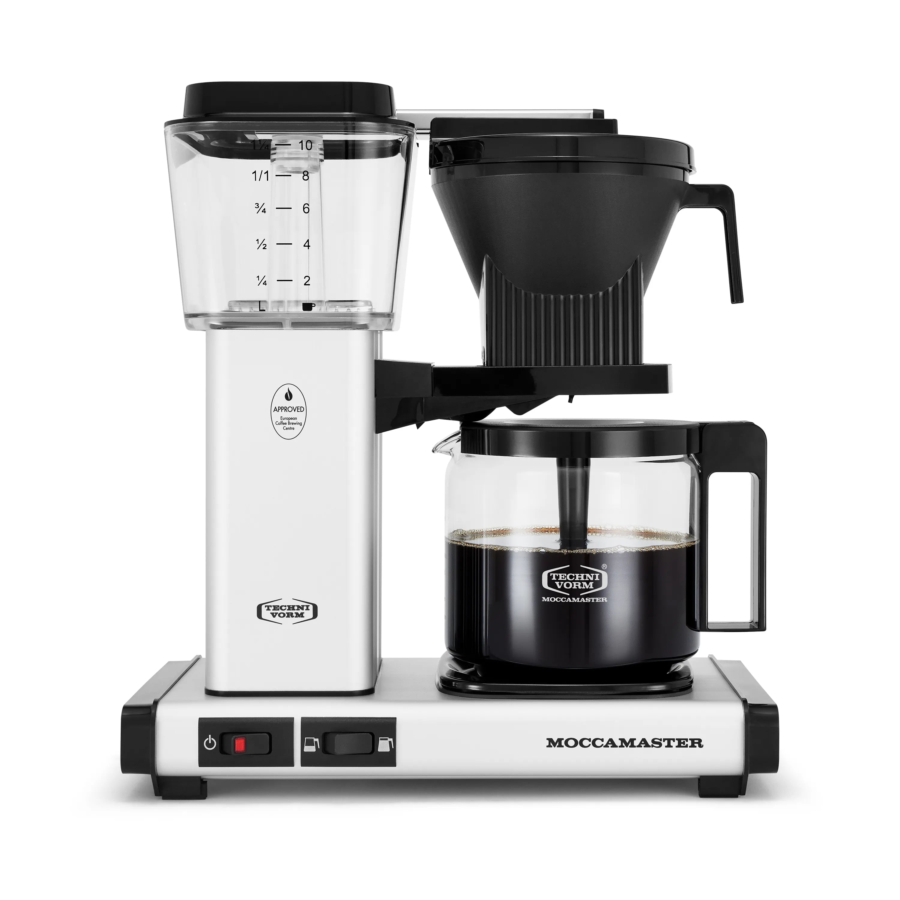 Matte silver and black 10-cup coffee maker with glass carafe and drip-stop valve